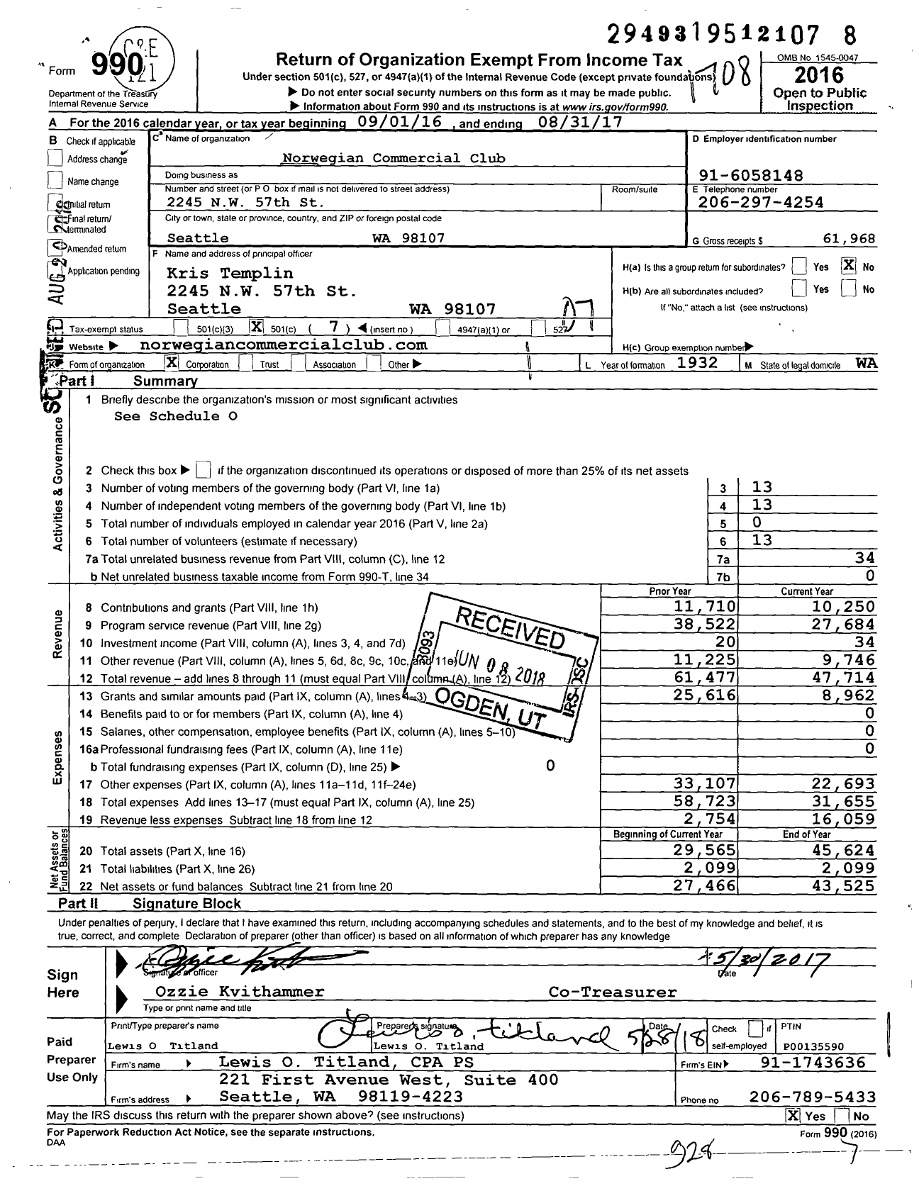 Image of first page of 2016 Form 990O for Norwegian Commercial Club