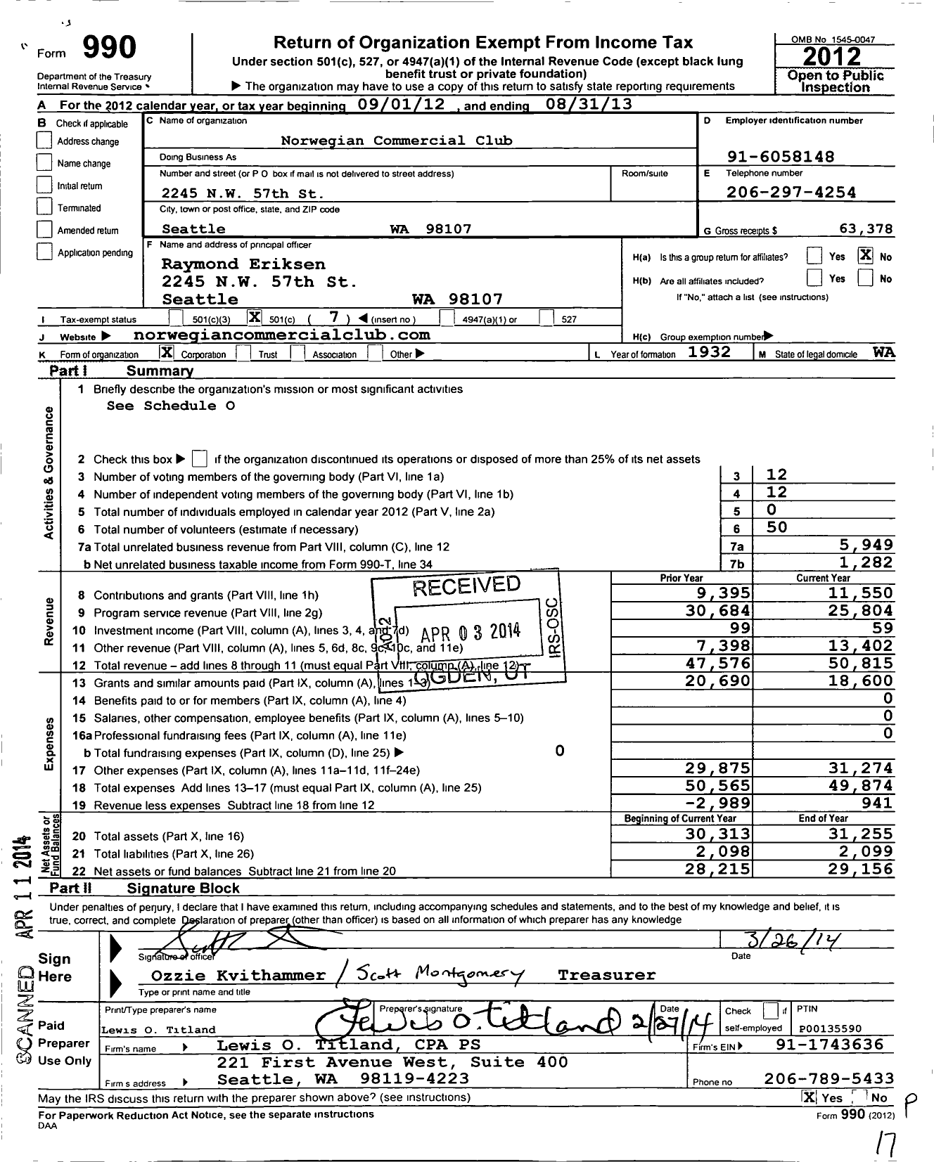 Image of first page of 2012 Form 990O for Norwegian Commercial Club