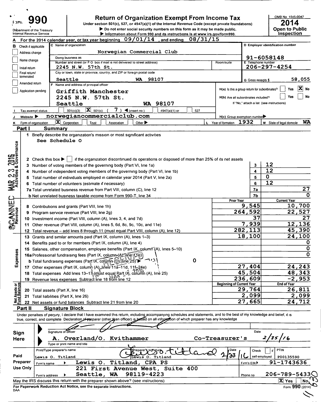 Image of first page of 2014 Form 990O for Norwegian Commercial Club