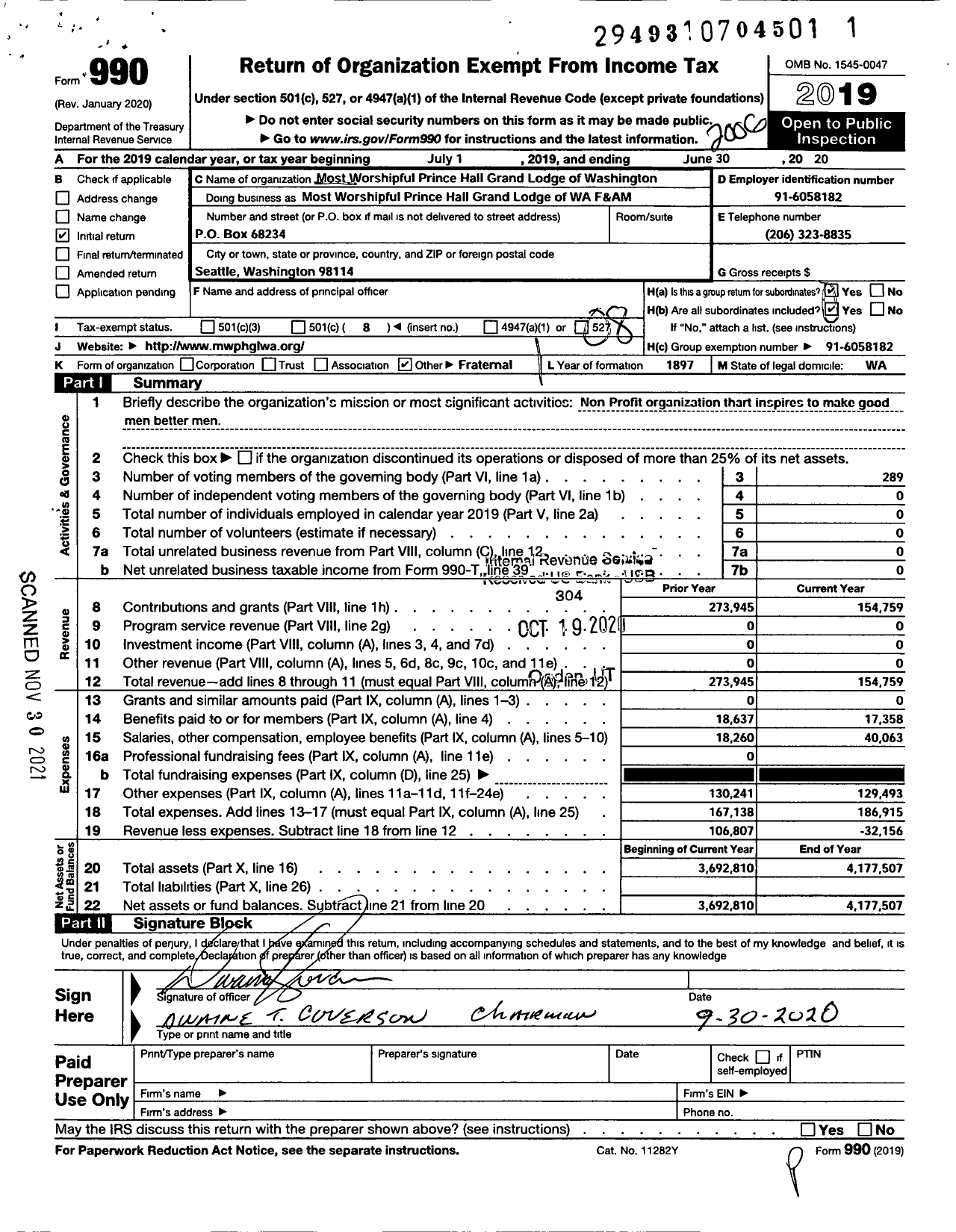 Image of first page of 2019 Form 990O for Most Worshipful Prince Hall Grand Lodge F and A M of Washington