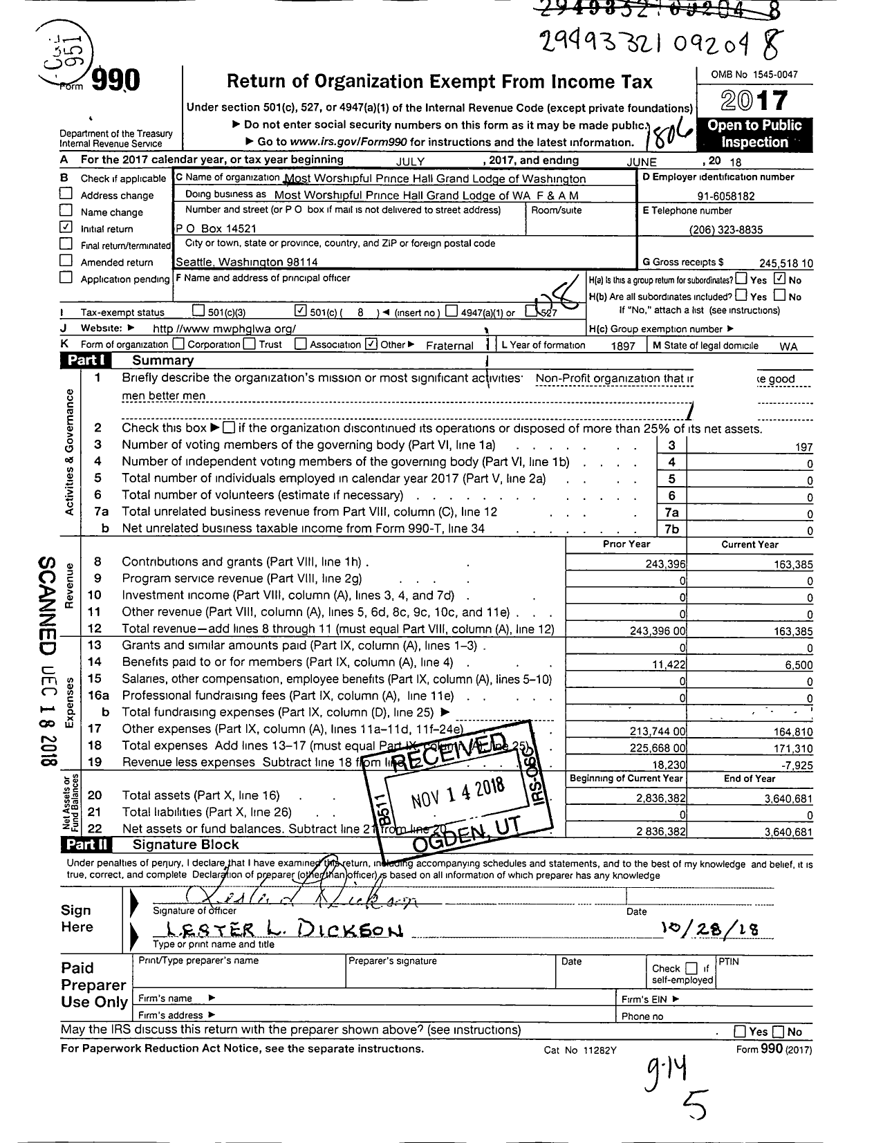 Image of first page of 2017 Form 990O for Most Worshipful Prince Hall Grand Lodge F and A M of Washington