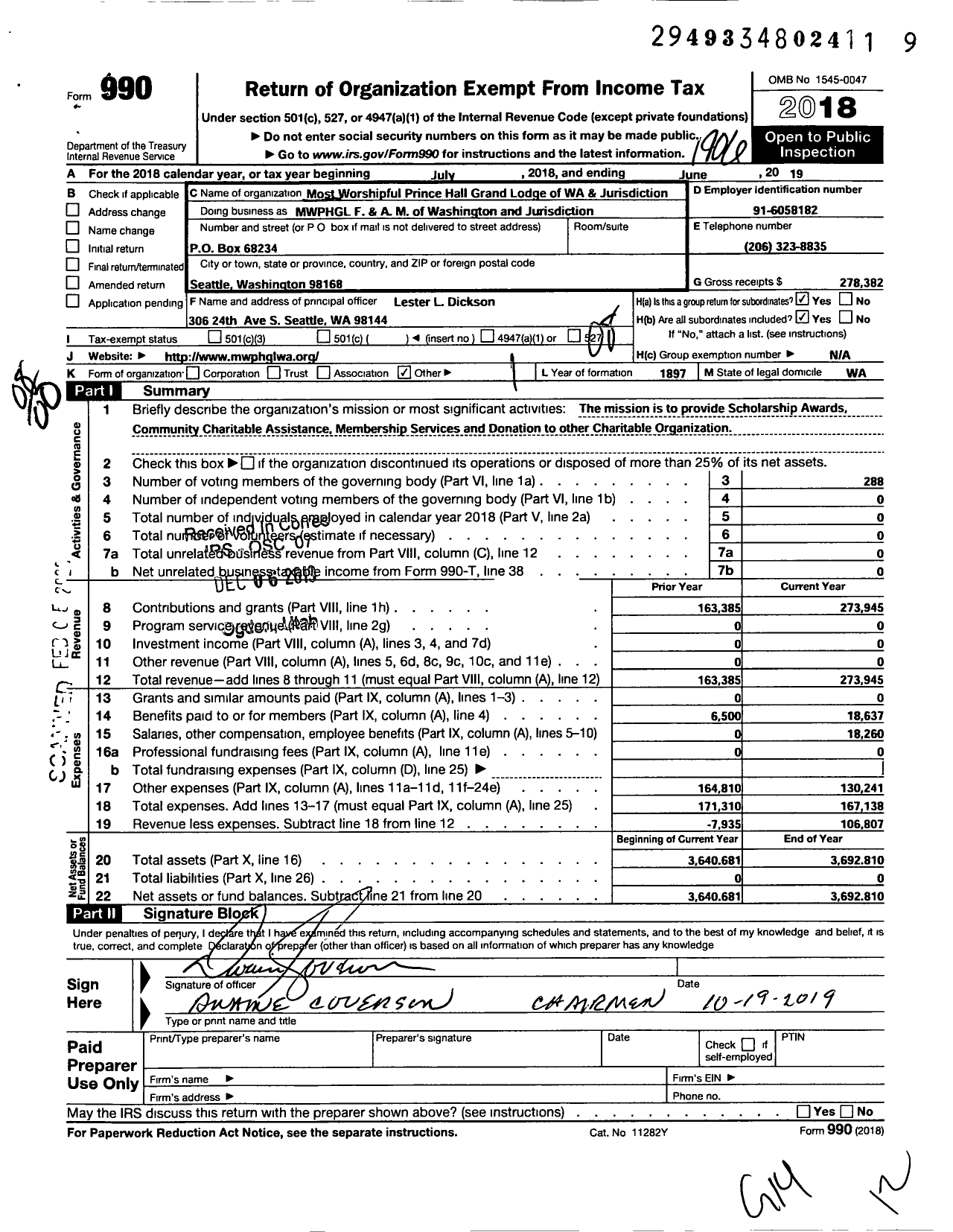 Image of first page of 2018 Form 990O for Most Worshipful Prince Hall Grand Lodge F and A M of Washington