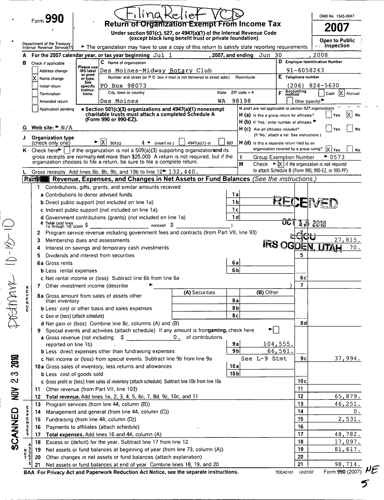 Image of first page of 2007 Form 990O for Des Moines Normandy Park Rotary