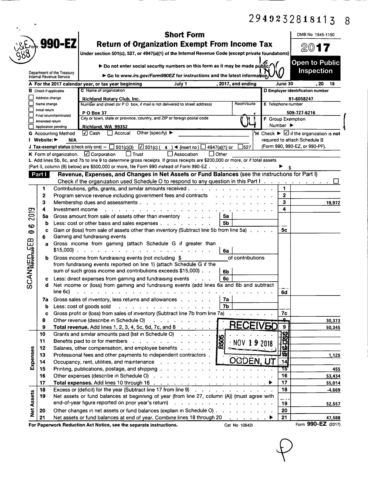 Image of first page of 2017 Form 990EO for Rotary International - Richland