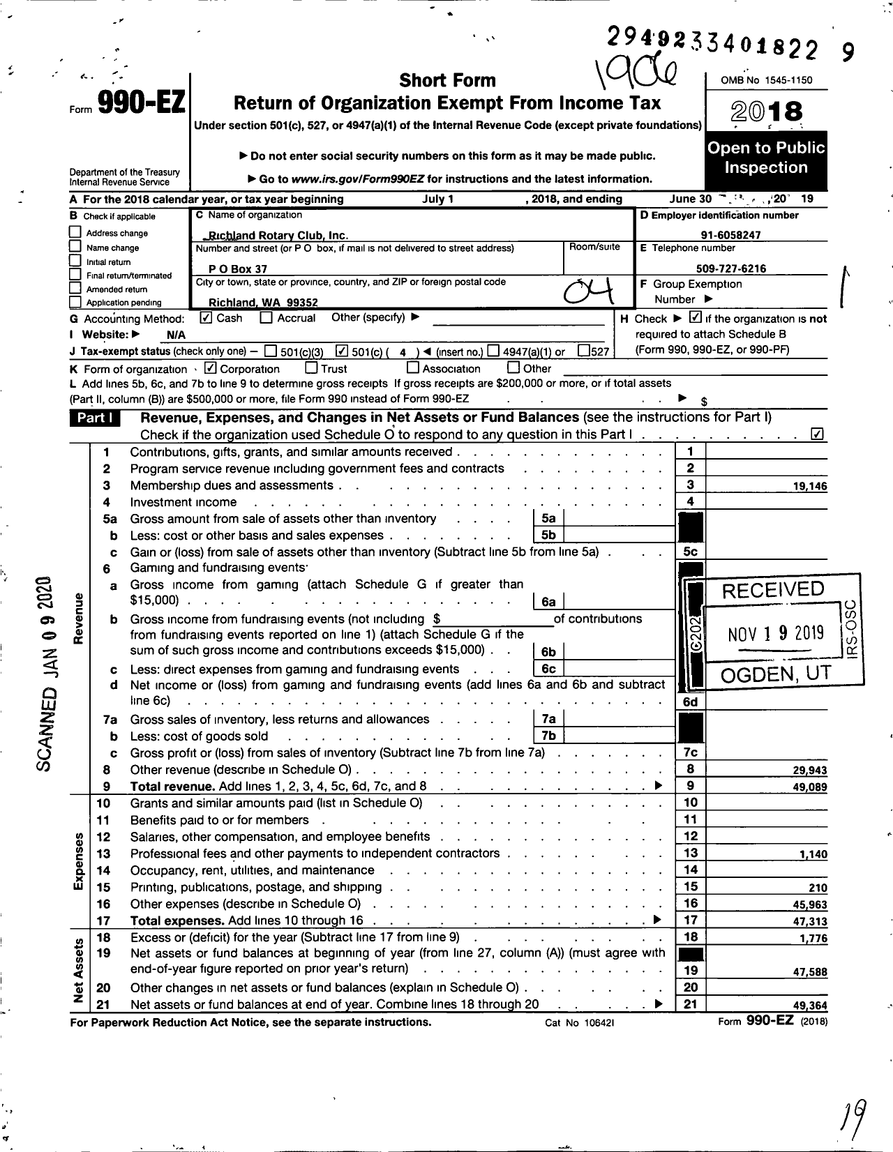 Image of first page of 2018 Form 990EO for Rotary International - Richland