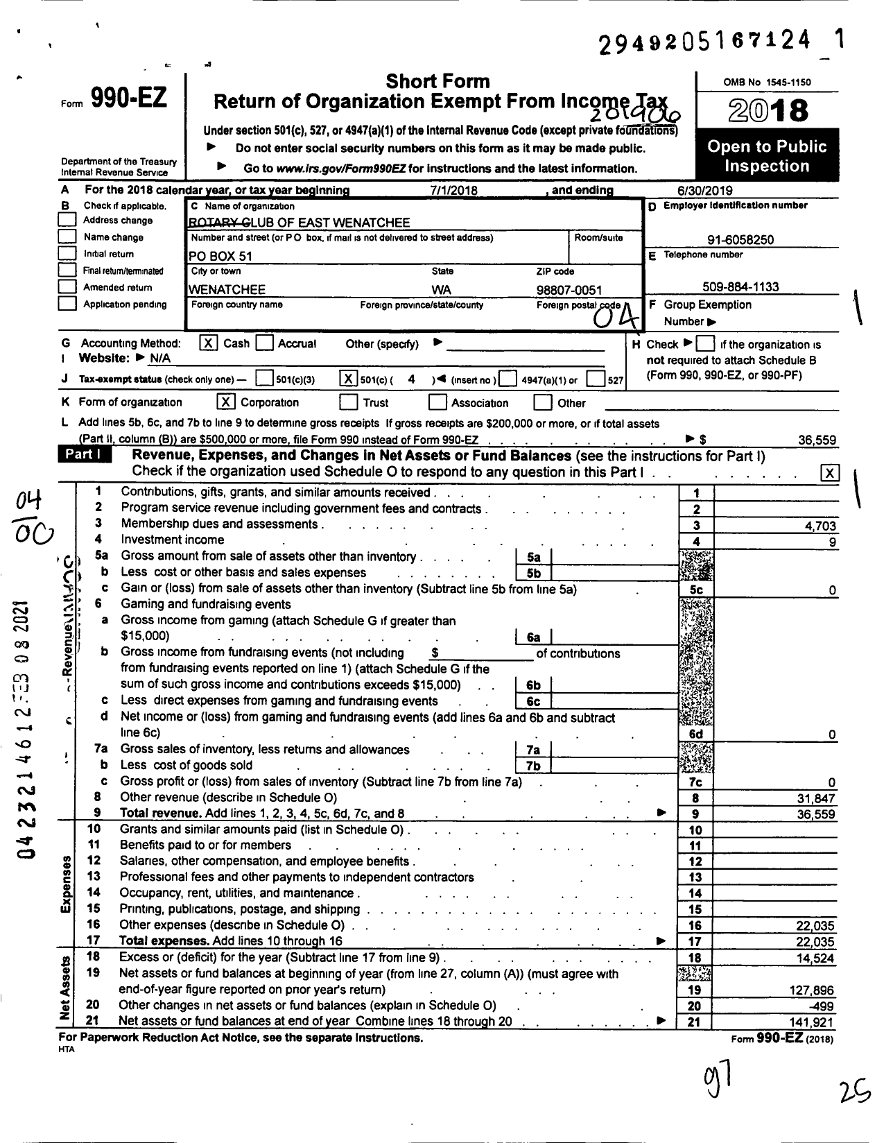 Image of first page of 2018 Form 990EO for Rotary Club of East Wenatchee