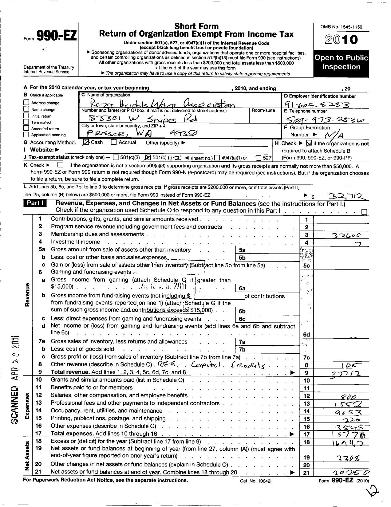 Image of first page of 2010 Form 990EO for Roza Heights Water Association