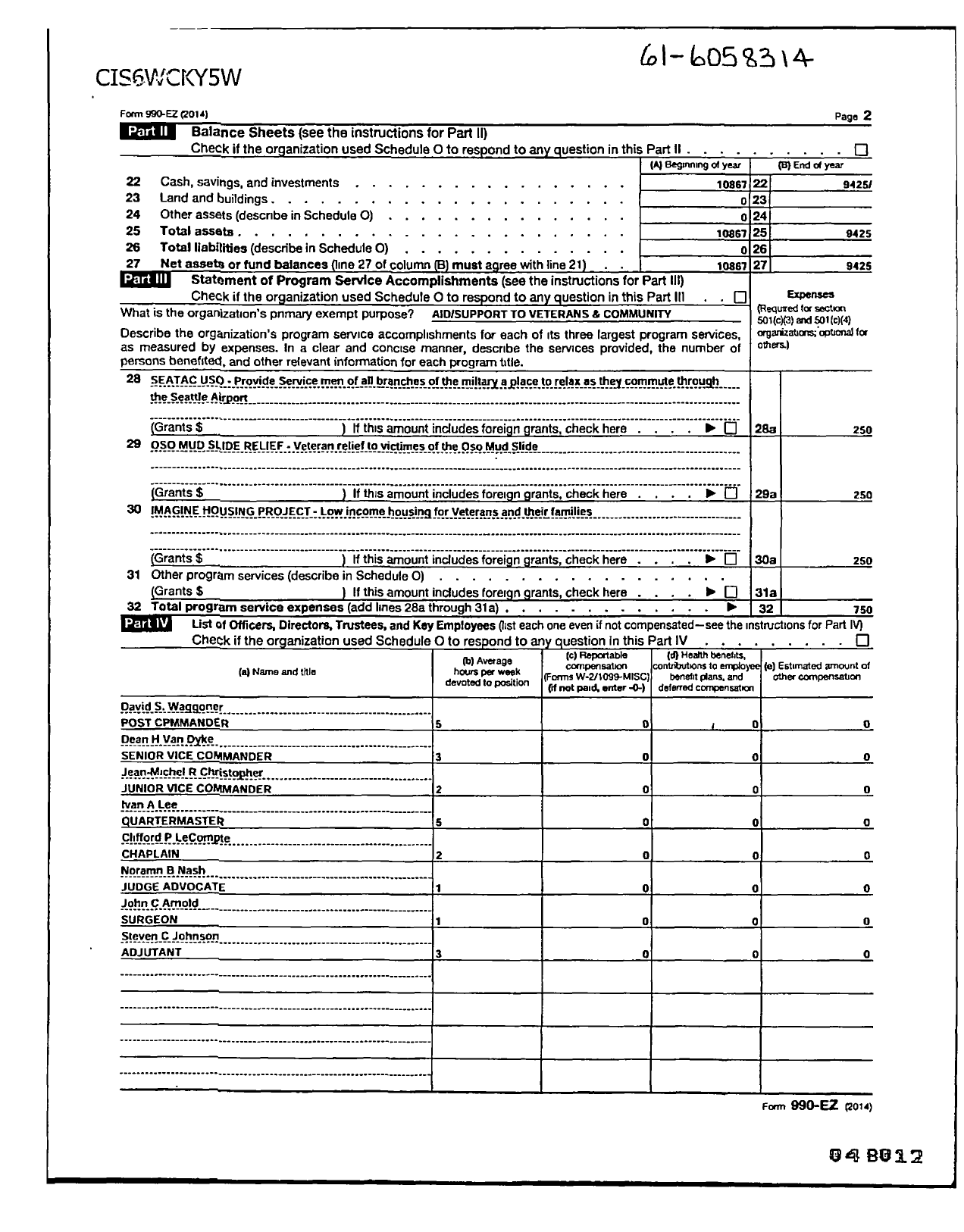 Image of first page of 2013 Form 990ER for Veterans of Foreign Wars of the United States Dept of Washington / 3436 Albert Larson