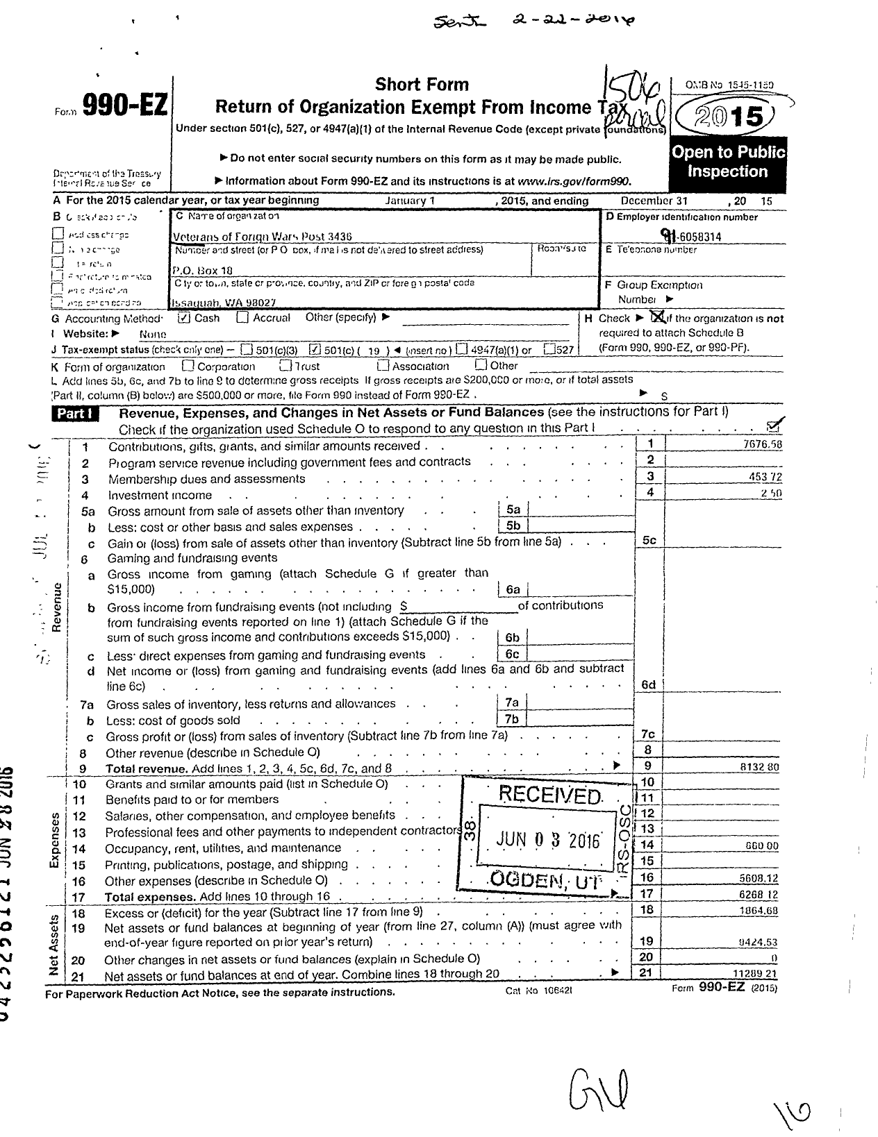 Image of first page of 2015 Form 990EO for Veterans of Foreign Wars of the United States Dept of Washington / 3436 Albert Larson