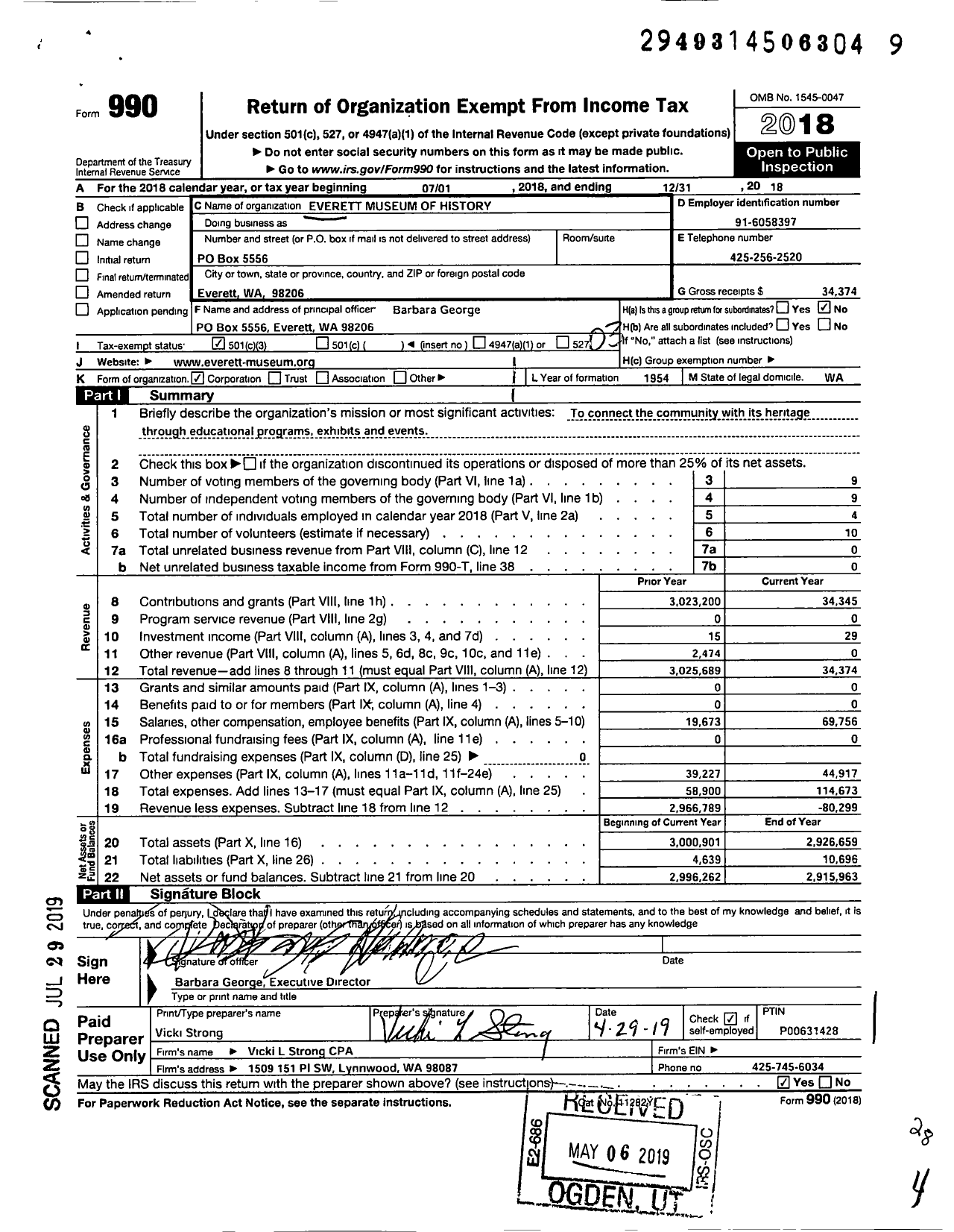 Image of first page of 2018 Form 990 for Everett Museum of History