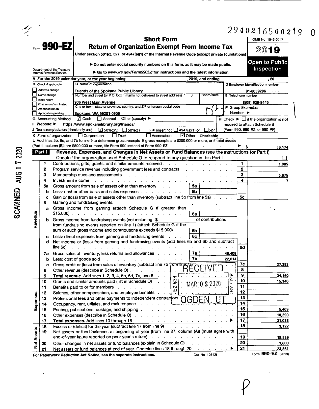 Image of first page of 2019 Form 990EZ for Friends of the Spokane Public Library