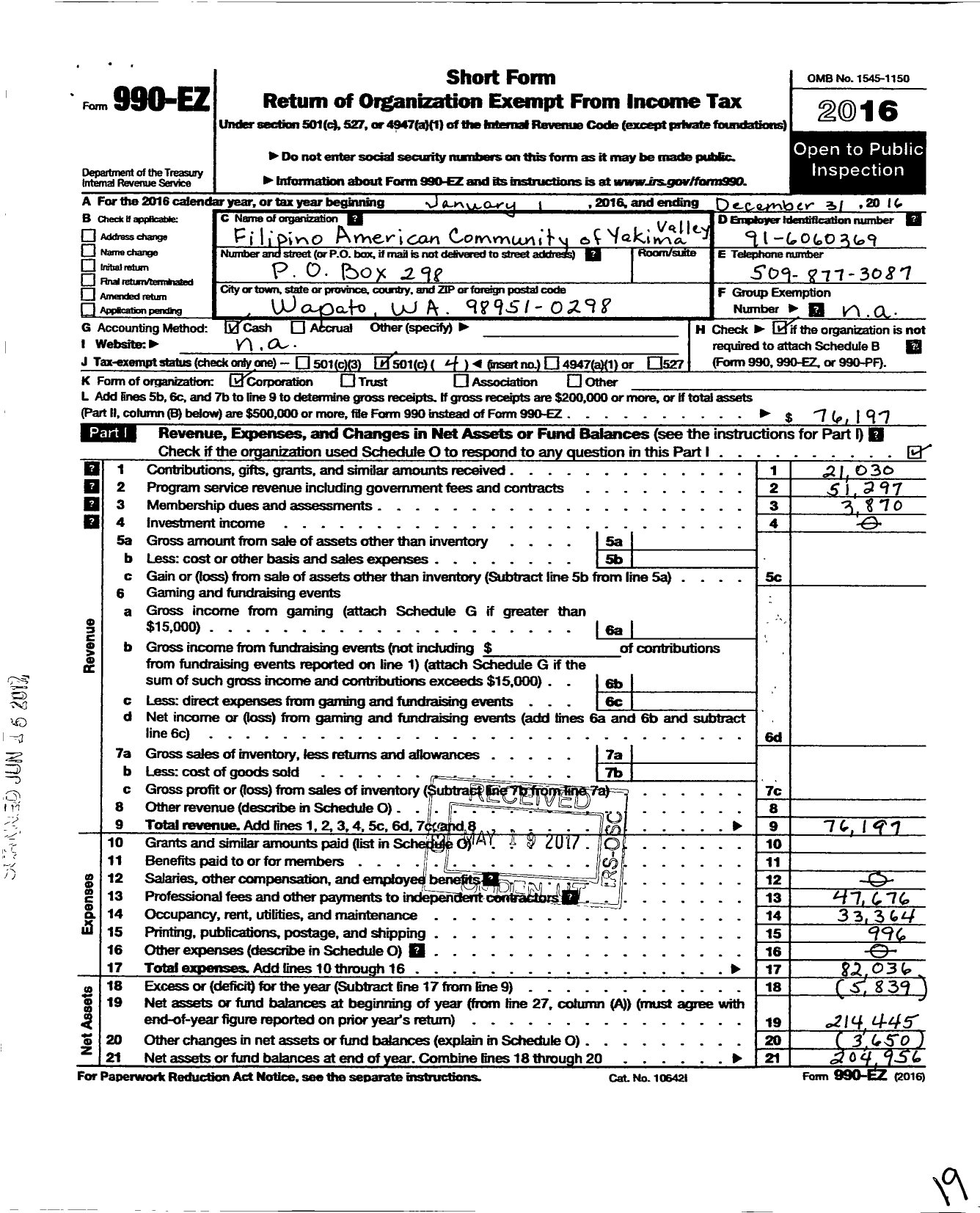 Image of first page of 2016 Form 990EO for Filipino American Community of Yakima Valley Public Benefit