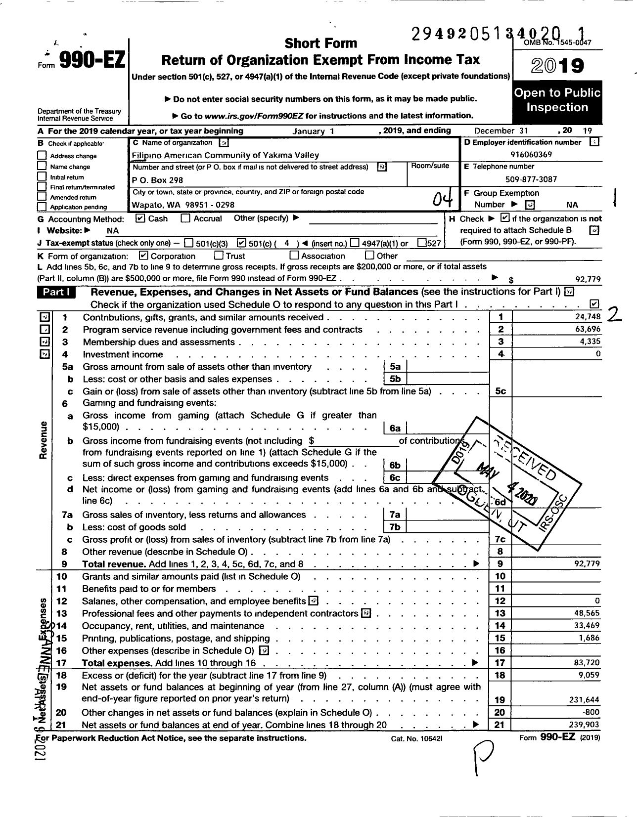 Image of first page of 2019 Form 990EO for Filipino American Community of Yakima Valley Public Benefit