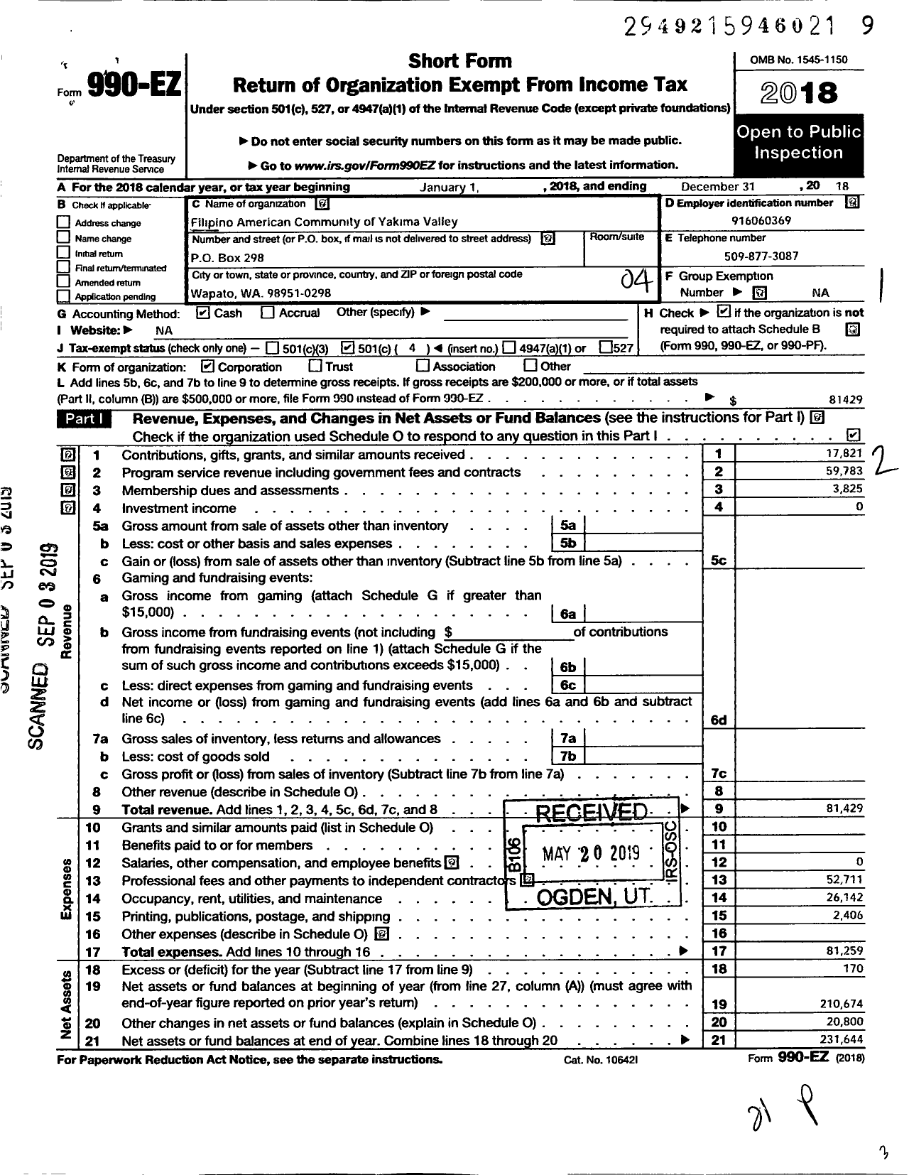 Image of first page of 2018 Form 990EO for Filipino American Community of Yakima Valley Public Benefit