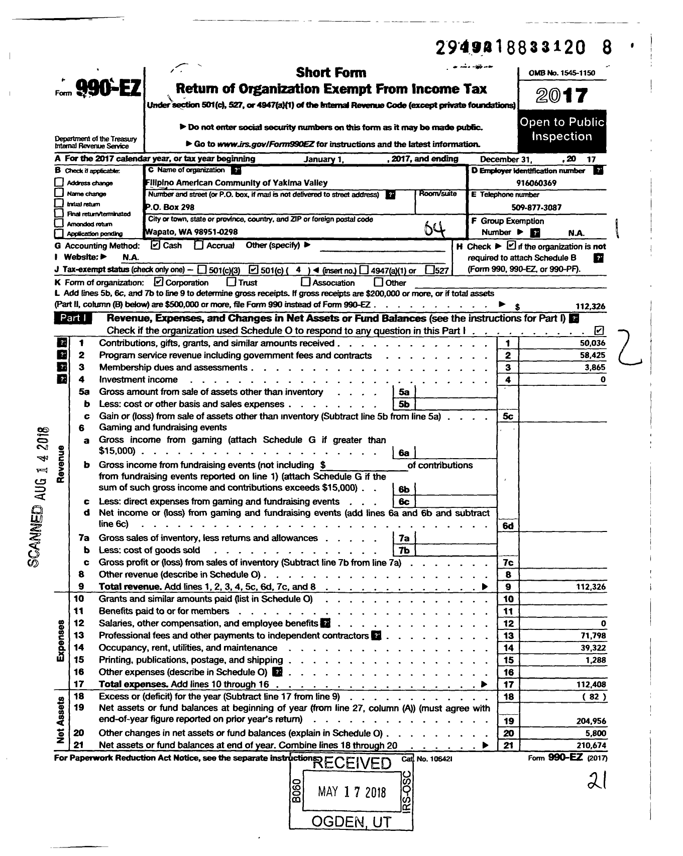 Image of first page of 2017 Form 990EO for Filipino American Community of Yakima Valley Public Benefit