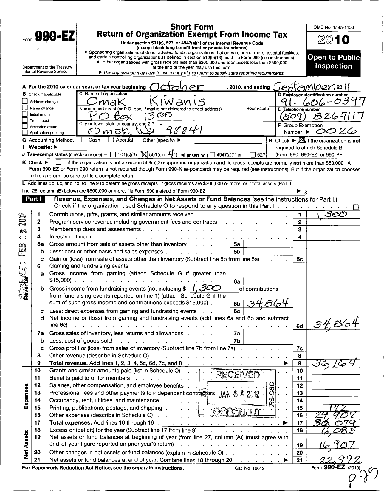 Image of first page of 2010 Form 990EO for Kiwanis International - K01964 Omak