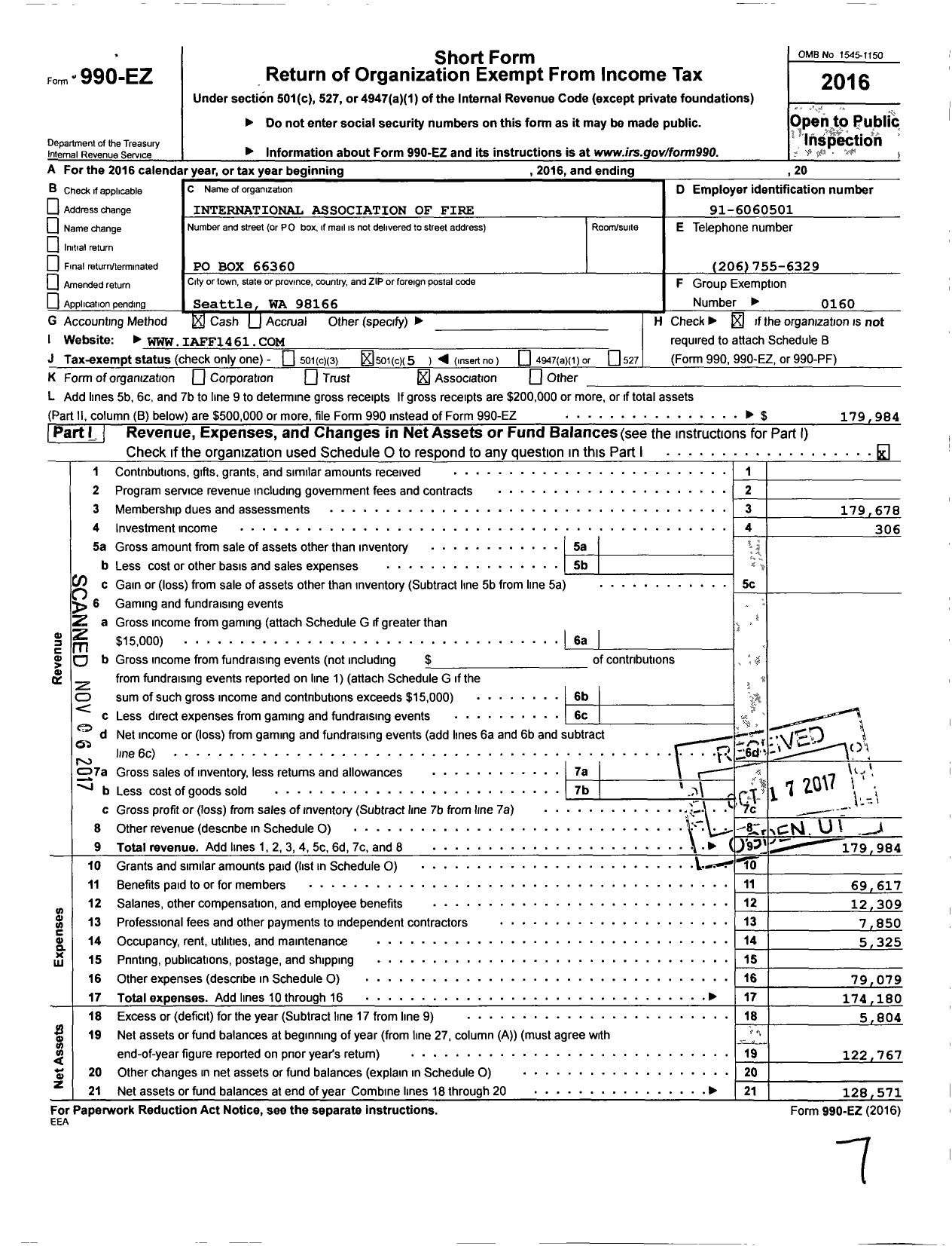 Image of first page of 2016 Form 990EO for International Association of Fire