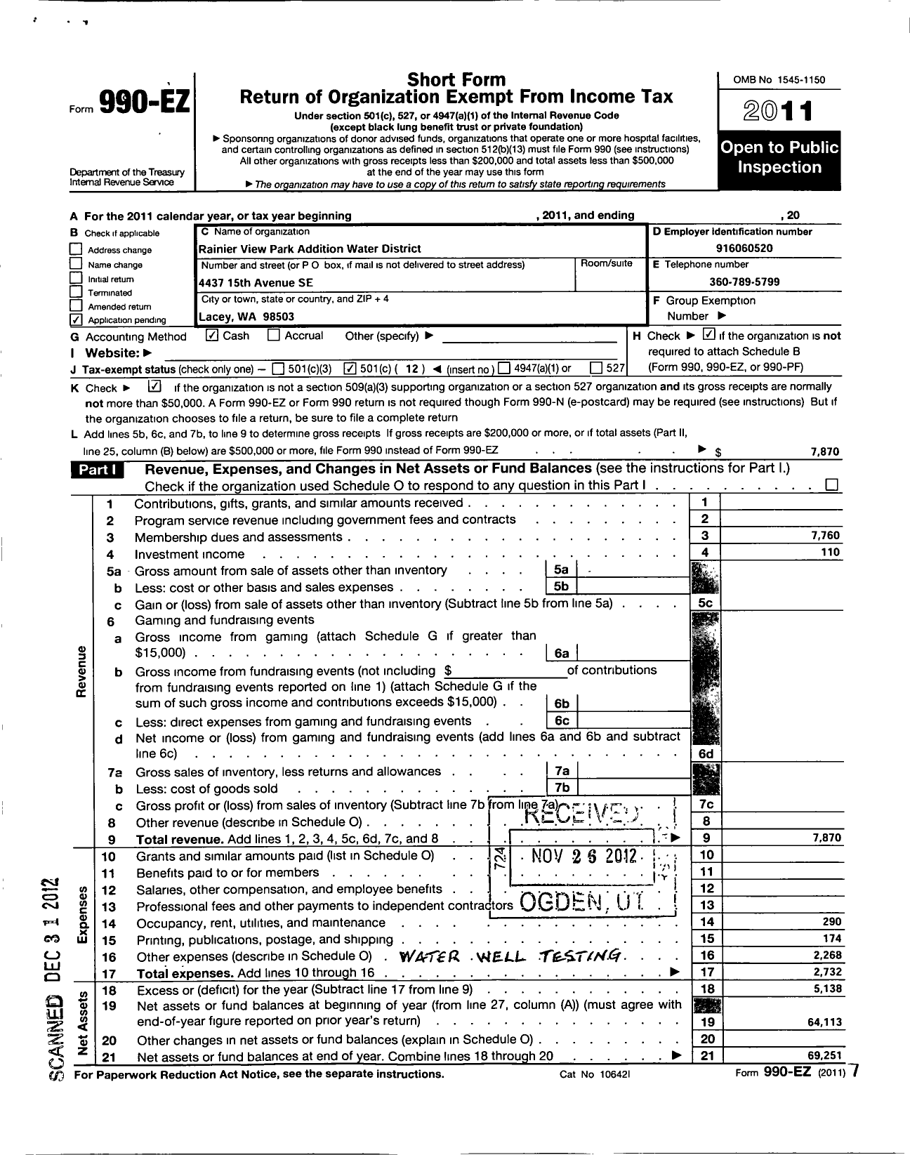 Image of first page of 2011 Form 990EO for Rainier View Park Addition
