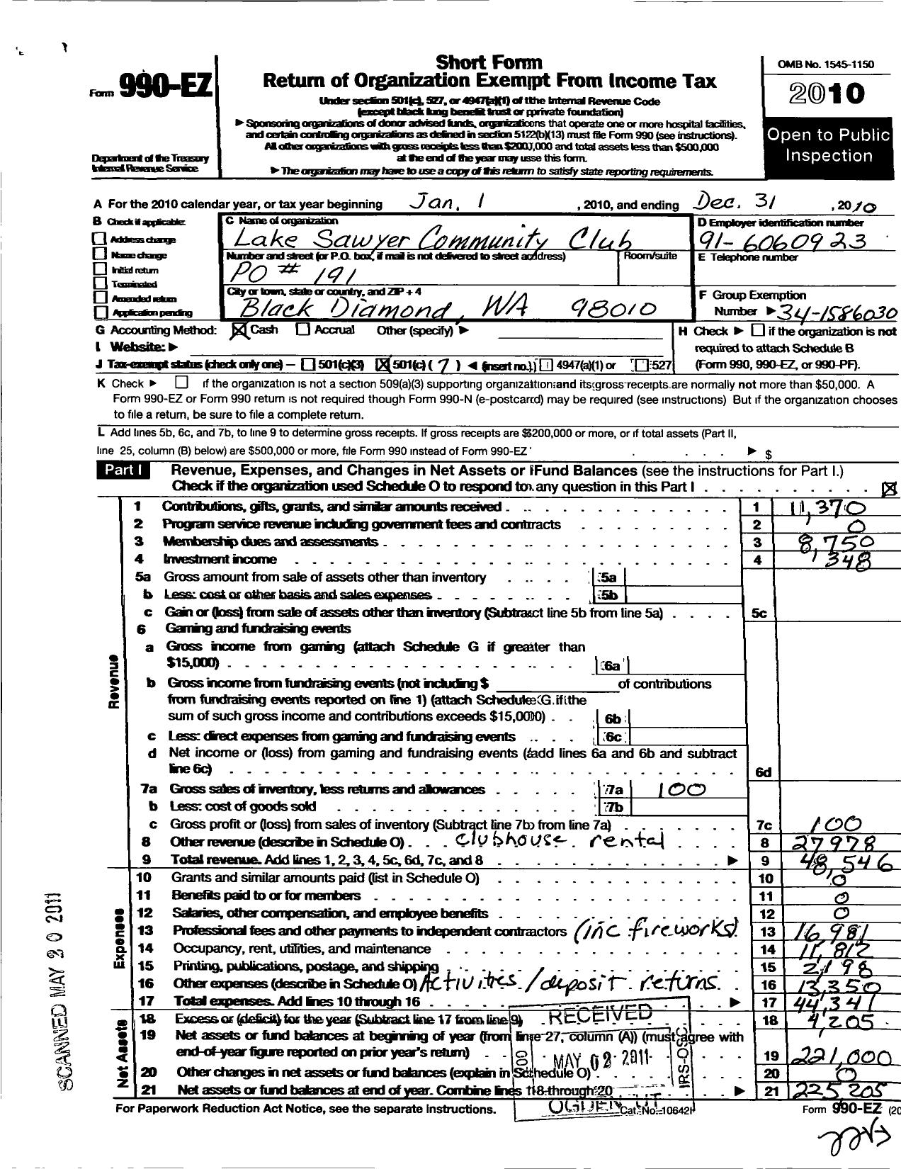 Image of first page of 2010 Form 990EO for Lake Sawyer Community Club