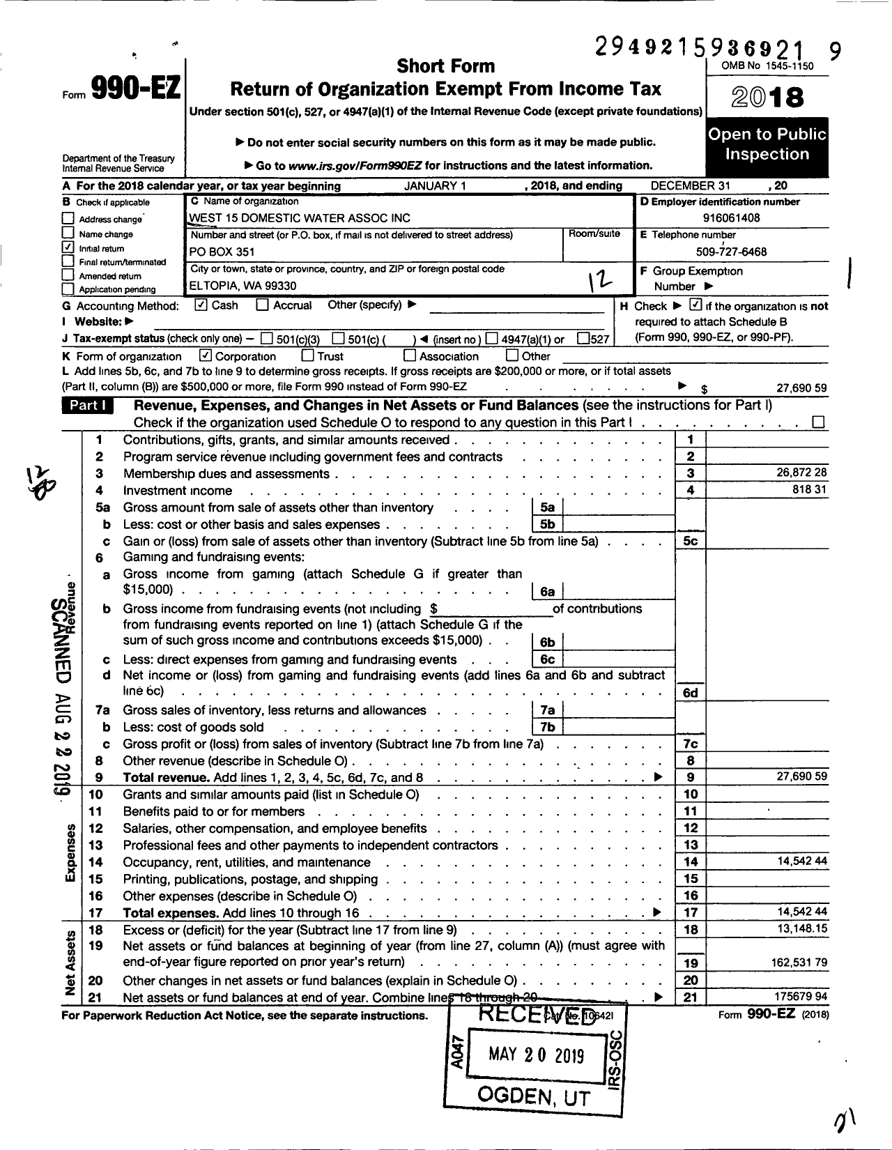 Image of first page of 2018 Form 990EO for West 15 Domestic Water