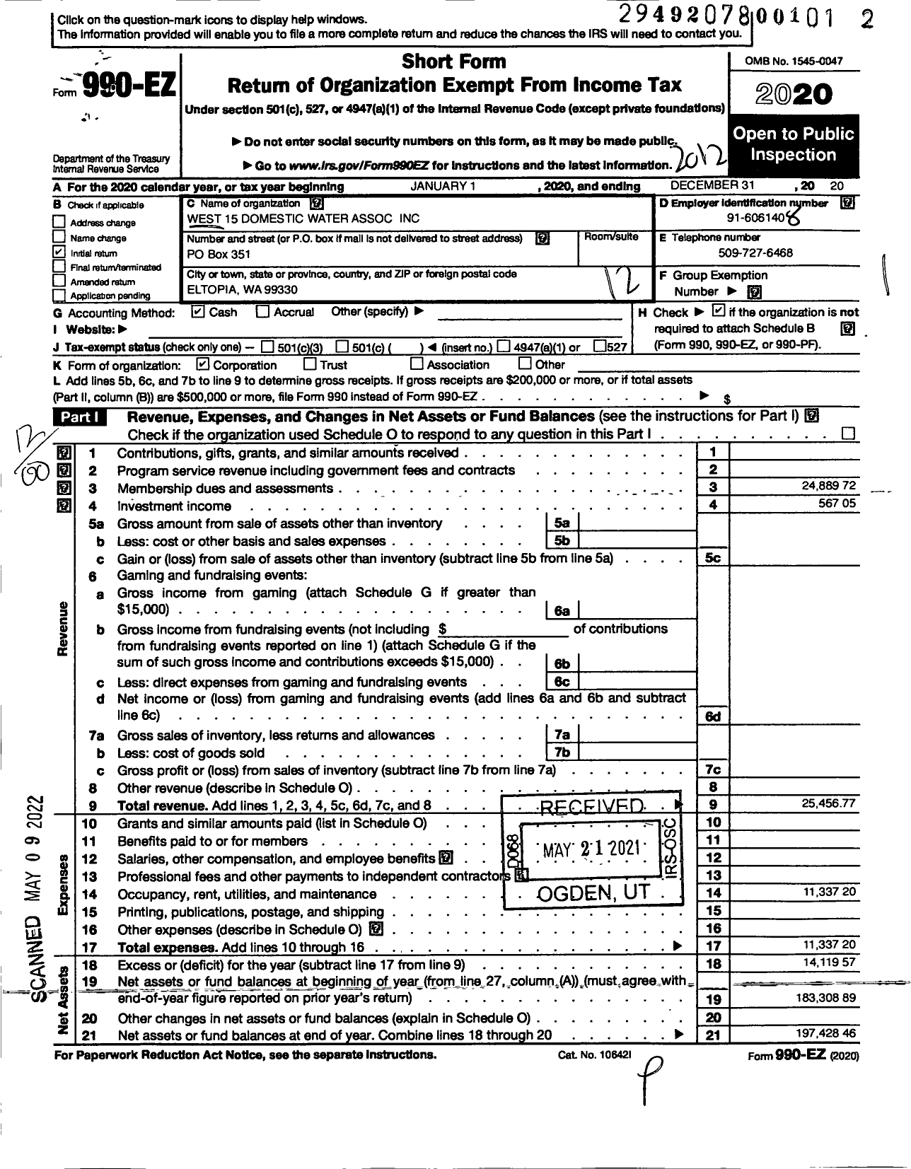 Image of first page of 2020 Form 990EO for West 15 Domestic Water