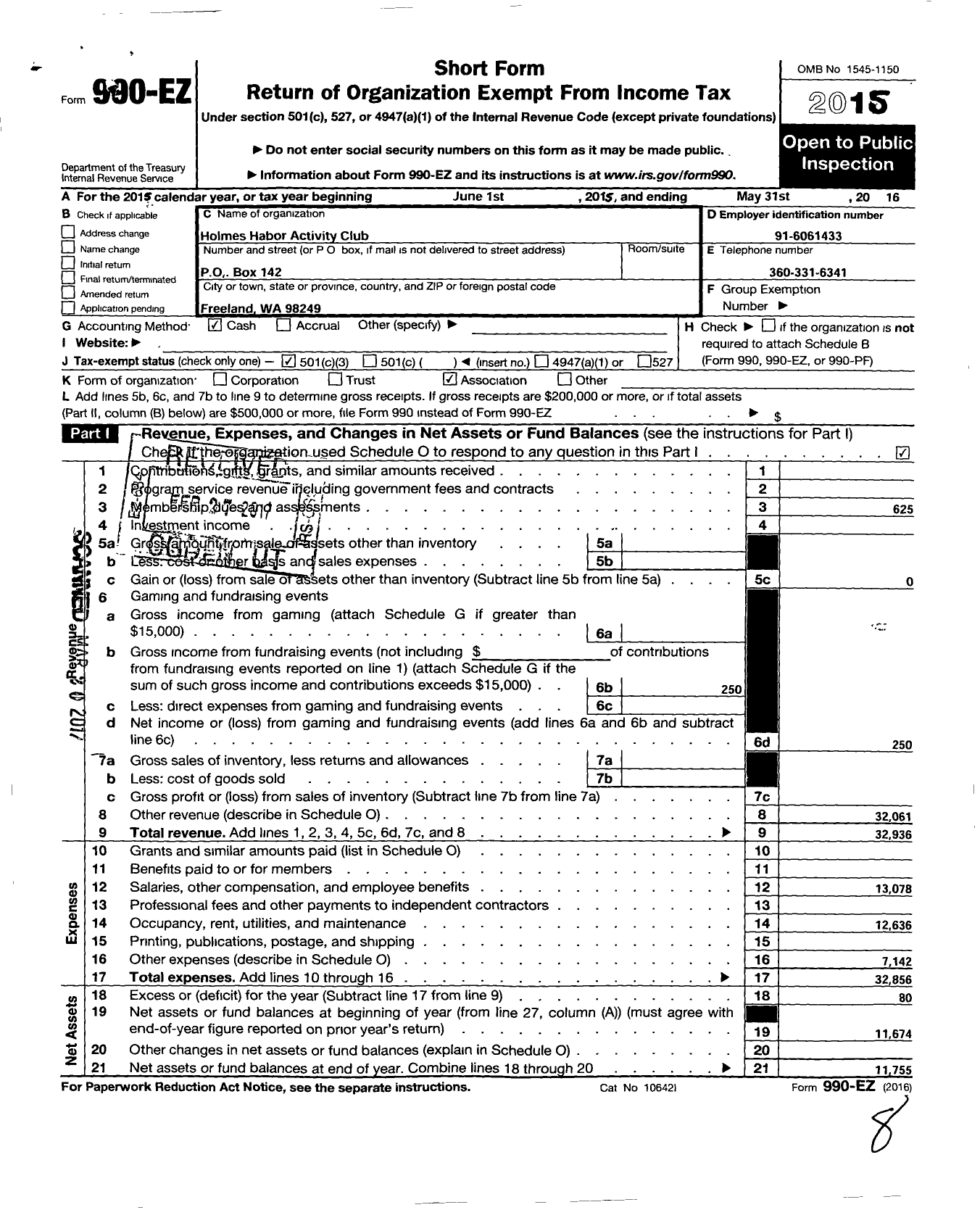 Image of first page of 2015 Form 990EZ for Holmes Harbor Activity Club