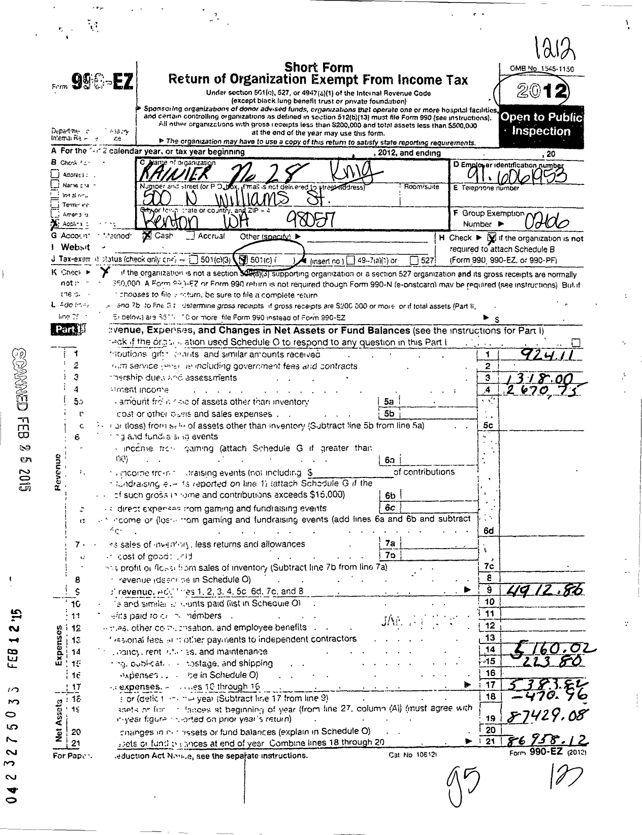 Image of first page of 2012 Form 990EO for Knights Templar - 28 Rainier Commandery