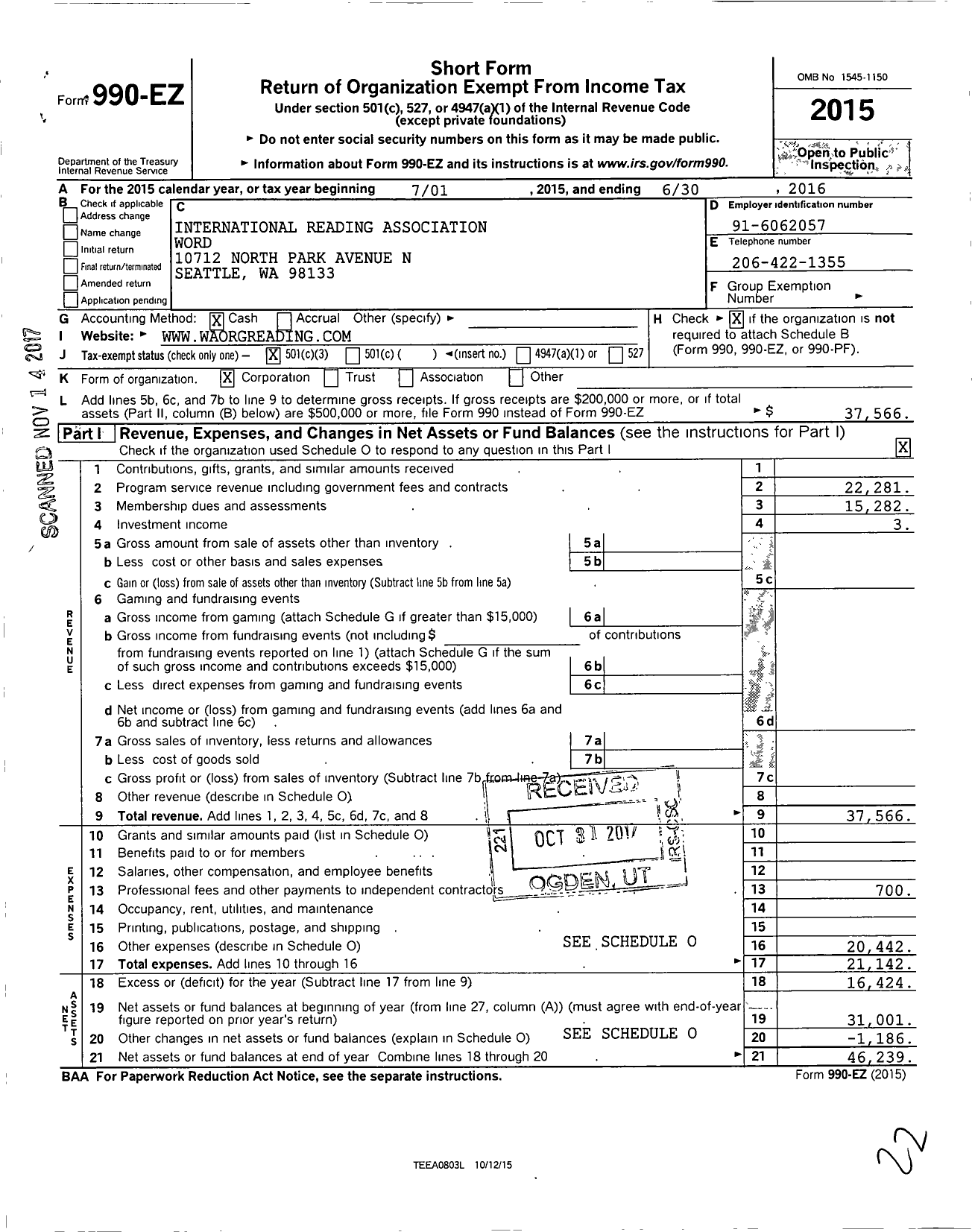 Image of first page of 2015 Form 990EZ for International Reading Association Word