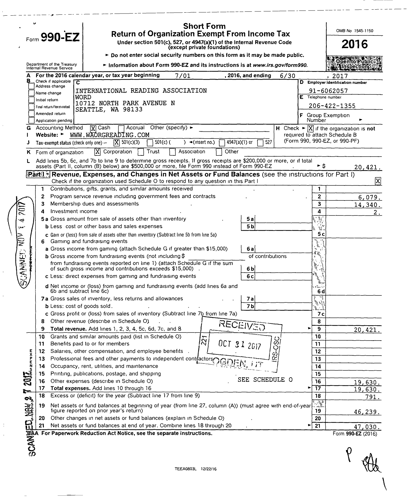 Image of first page of 2016 Form 990EZ for International Reading Association Word