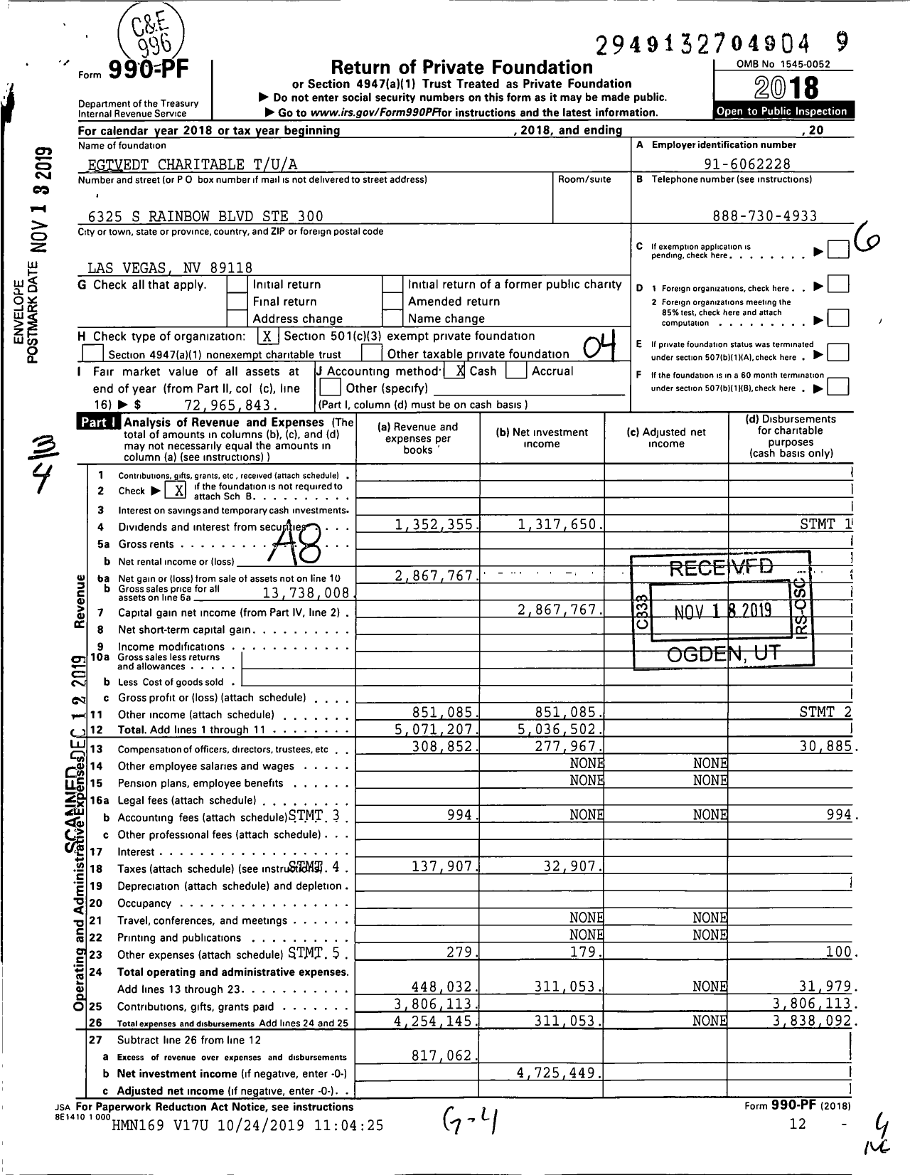 Image of first page of 2018 Form 990PF for Egtvedt Charitable Trust Special 1