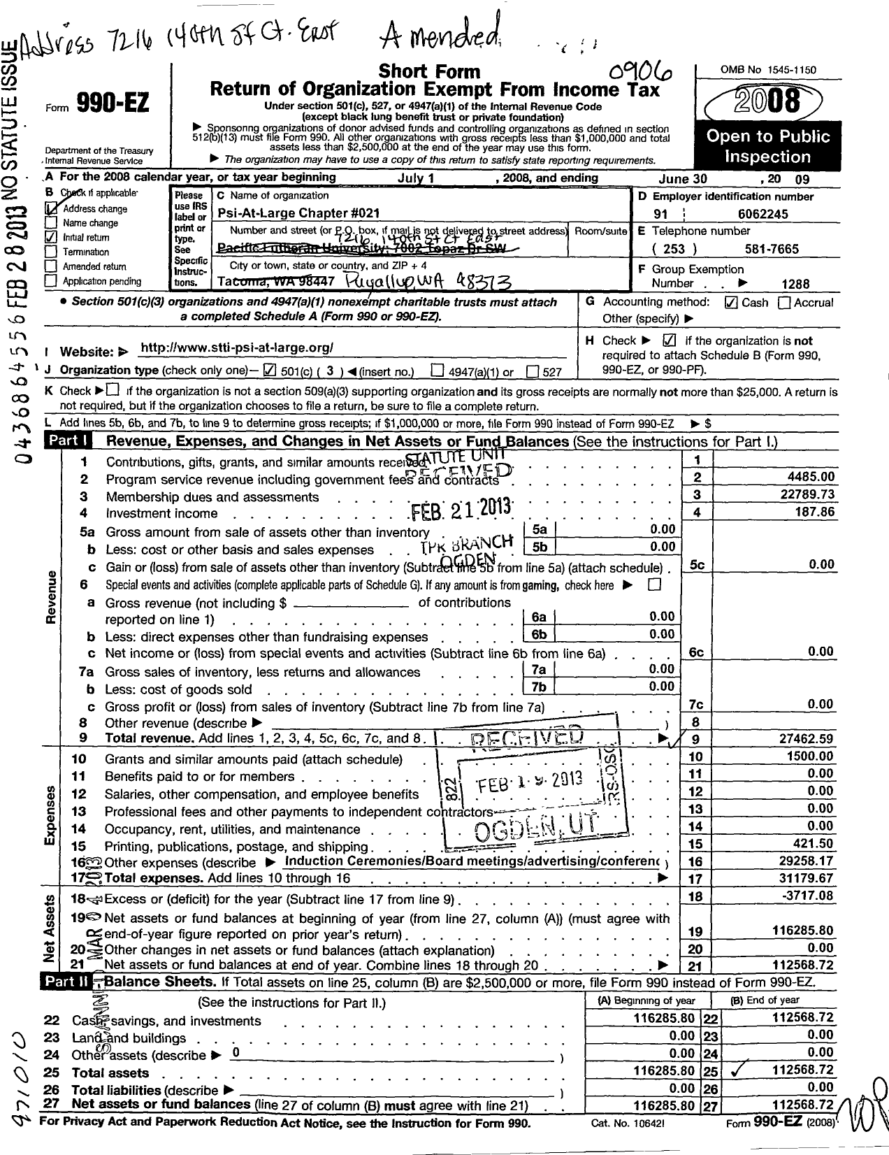 Image of first page of 2008 Form 990EZ for Sigma Theta Tau - 21 Psi At-Large Chapter