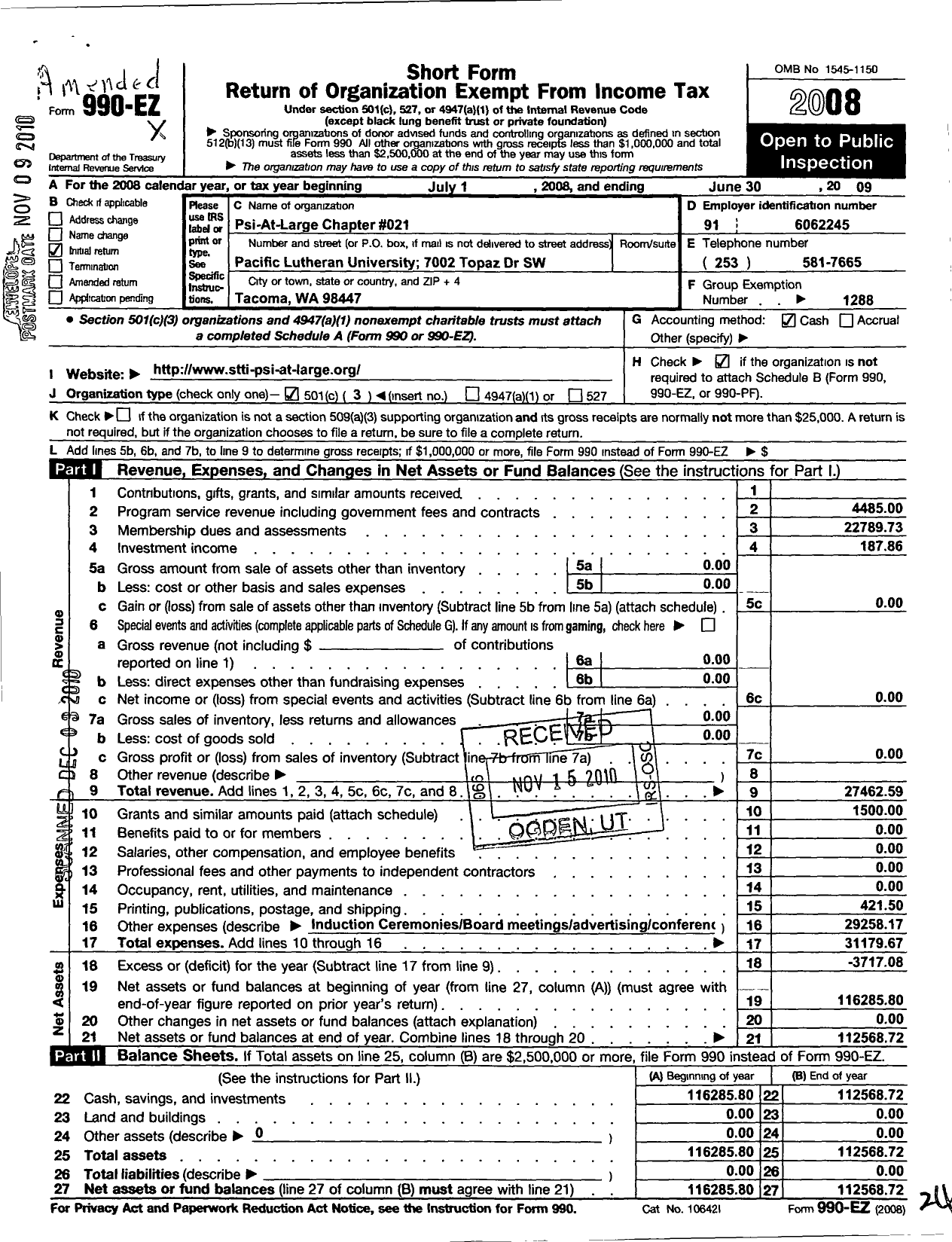 Image of first page of 2008 Form 990EZ for Sigma Theta Tau - 21 Psi At-Large Chapter