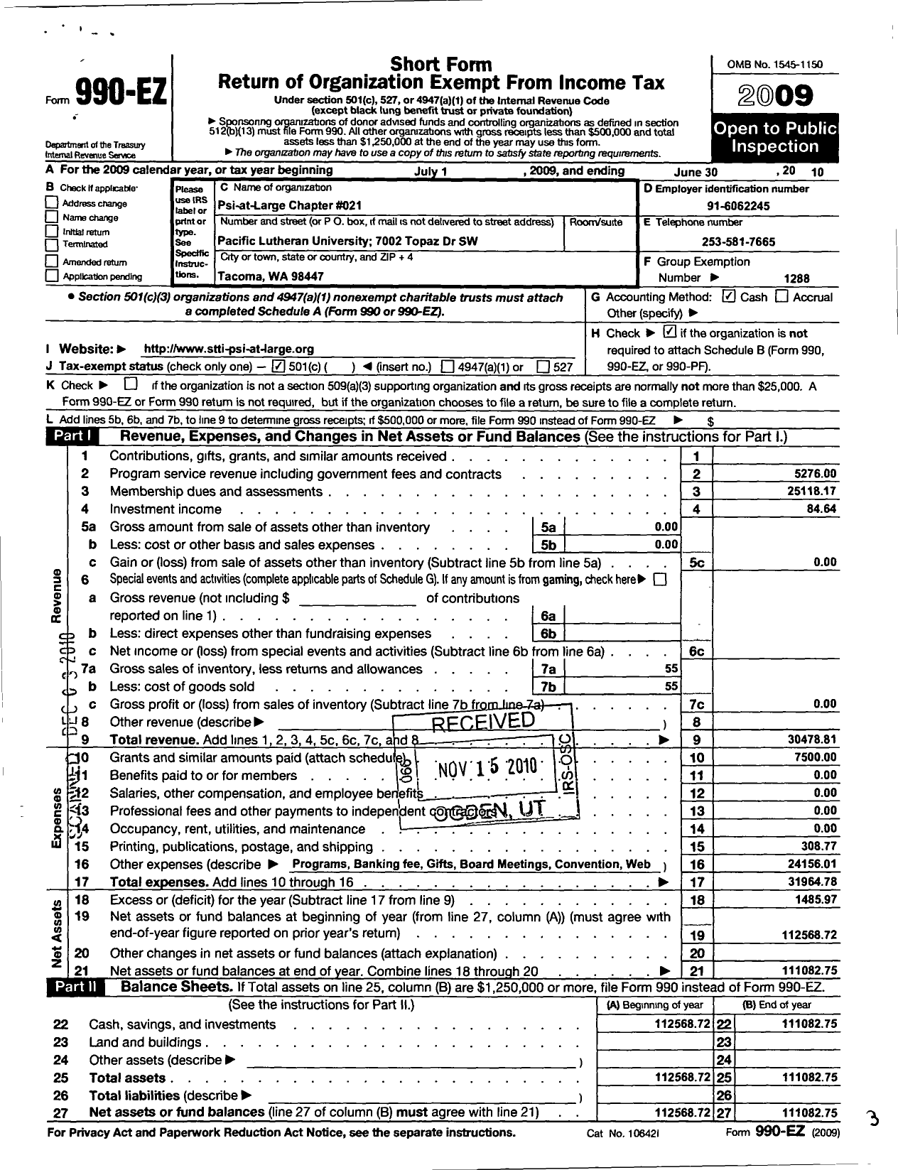 Image of first page of 2009 Form 990EO for Sigma Theta Tau - 21 Psi At-Large Chapter