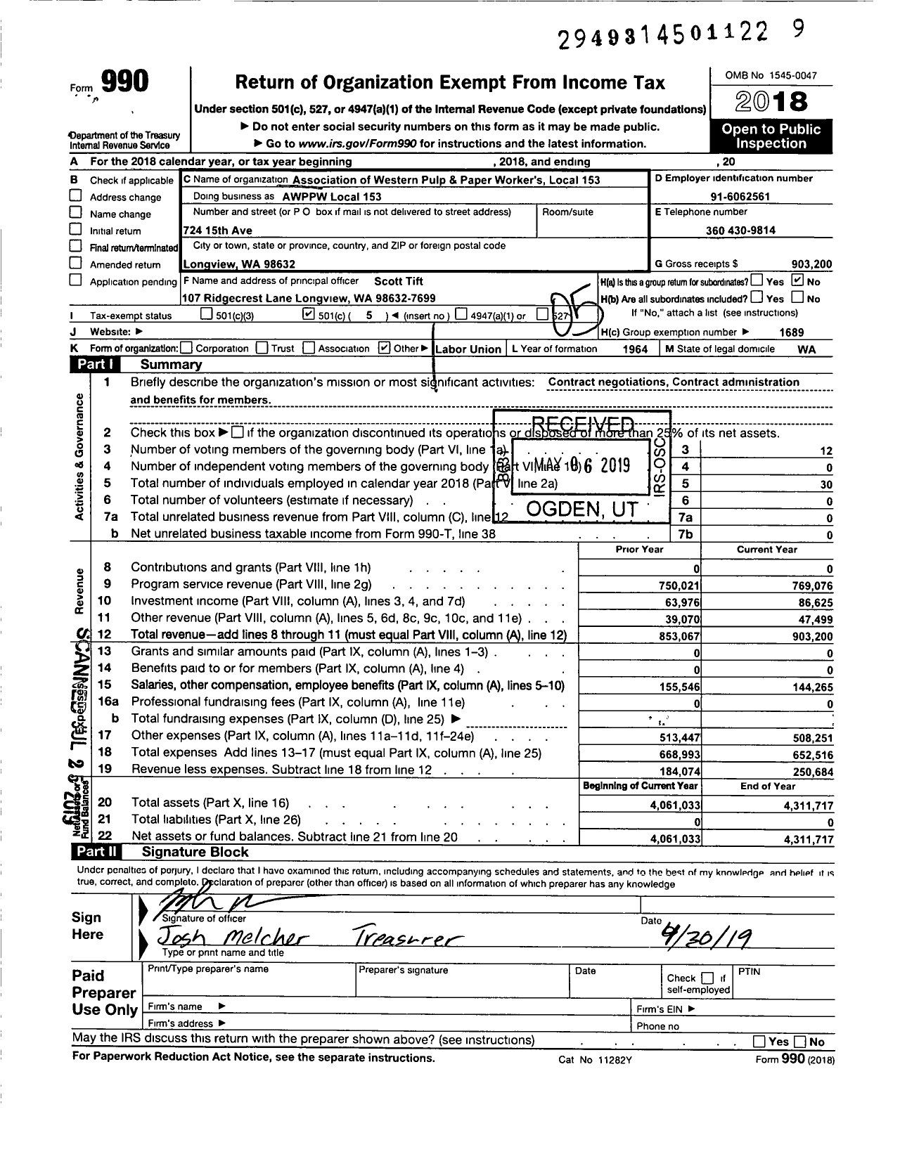 Image of first page of 2018 Form 990O for Association of Westerrn Pulp and Paper Workers - 153