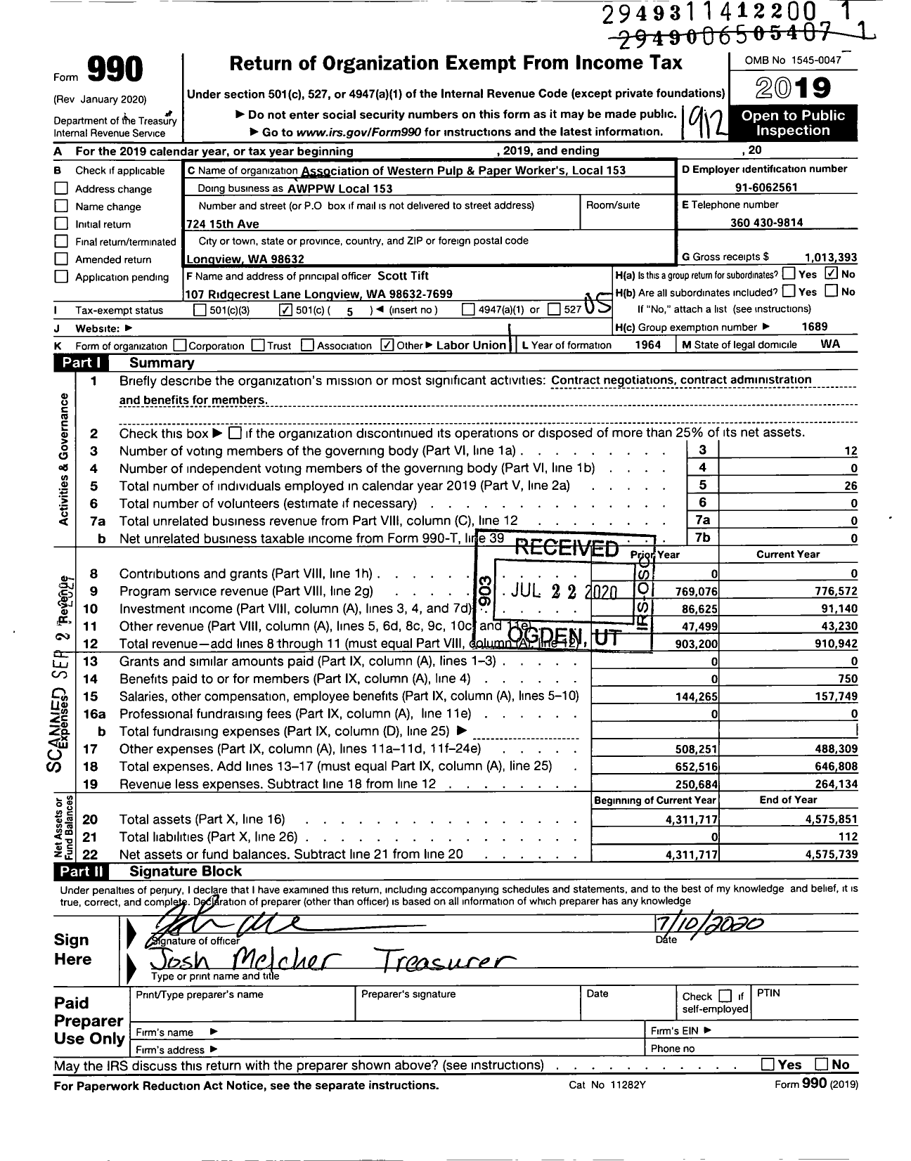 Image of first page of 2019 Form 990O for Association of Westerrn Pulp and Paper Workers - 153