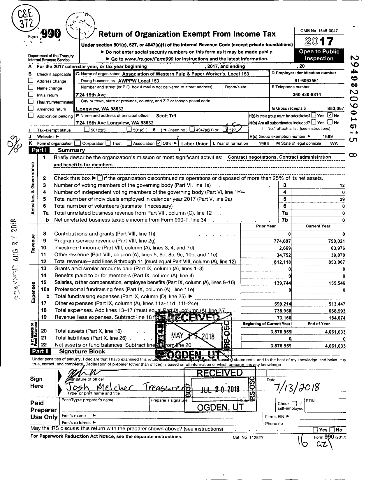 Image of first page of 2017 Form 990O for Association of Westerrn Pulp and Paper Workers - 153