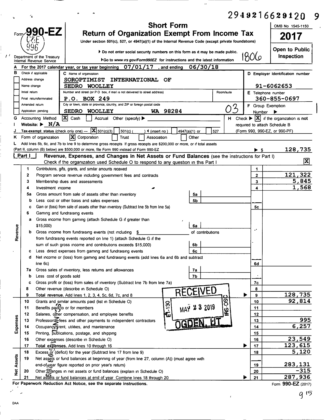 Image of first page of 2017 Form 990EZ for Soroptimist International of the Americas - 111123 Sedro-Woolley Wa