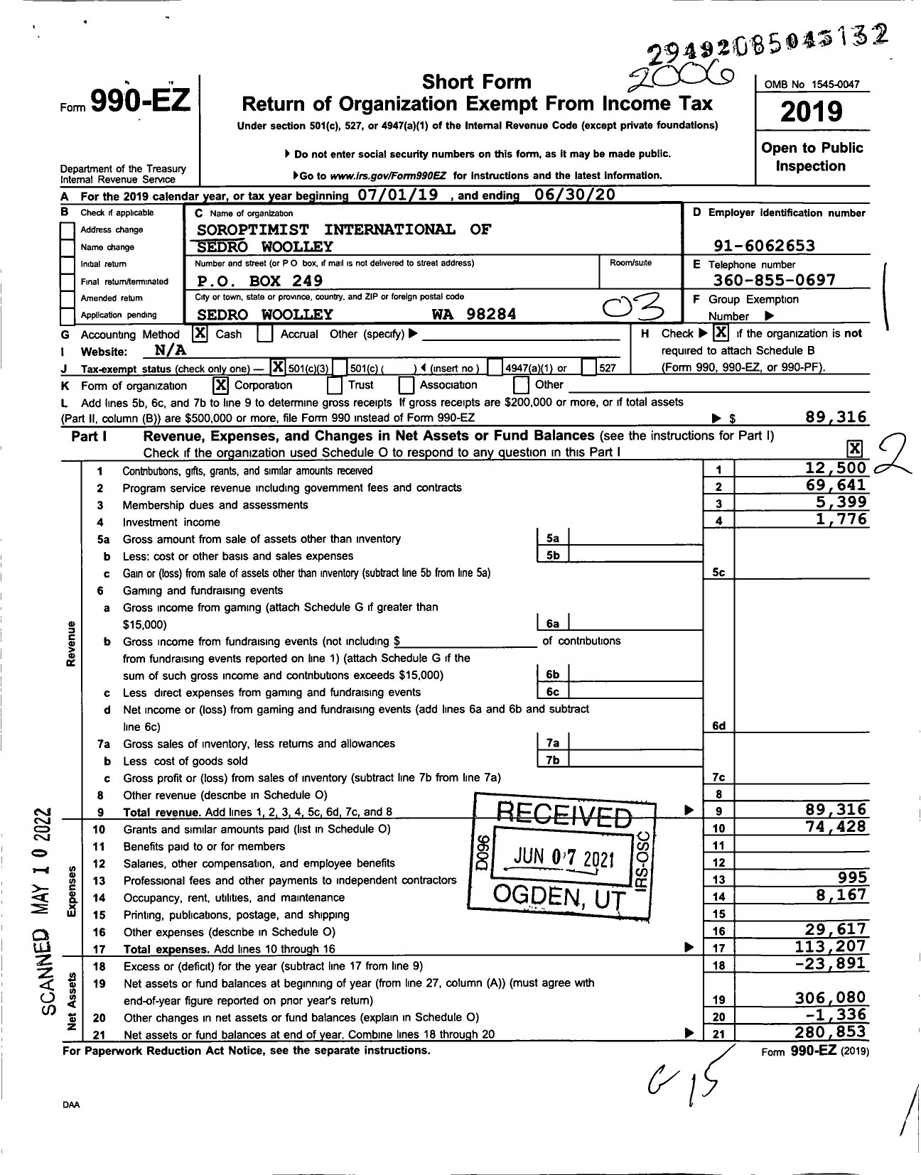 Image of first page of 2019 Form 990EZ for Soroptimist International of the Americas - 111123 Sedro-Woolley Wa