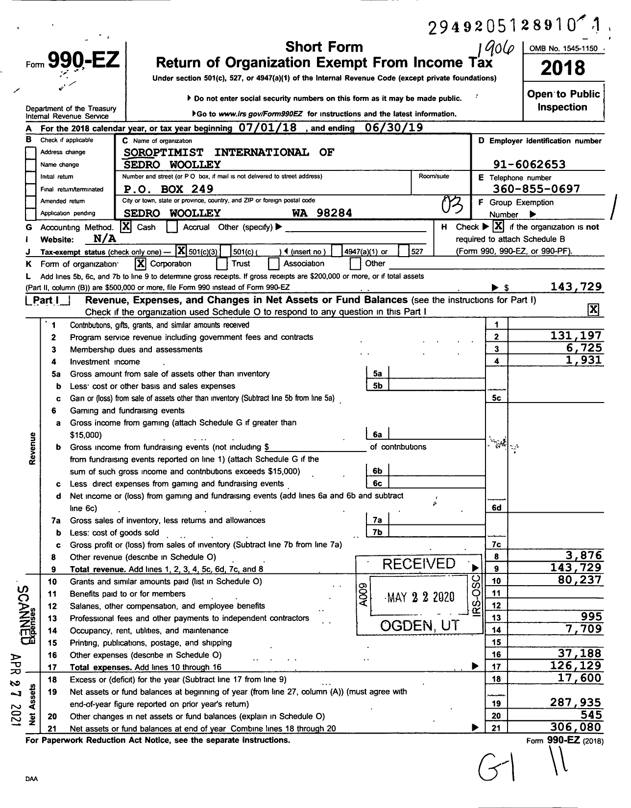 Image of first page of 2018 Form 990EZ for Soroptimist International of the Americas - 111123 Sedro-Woolley Wa