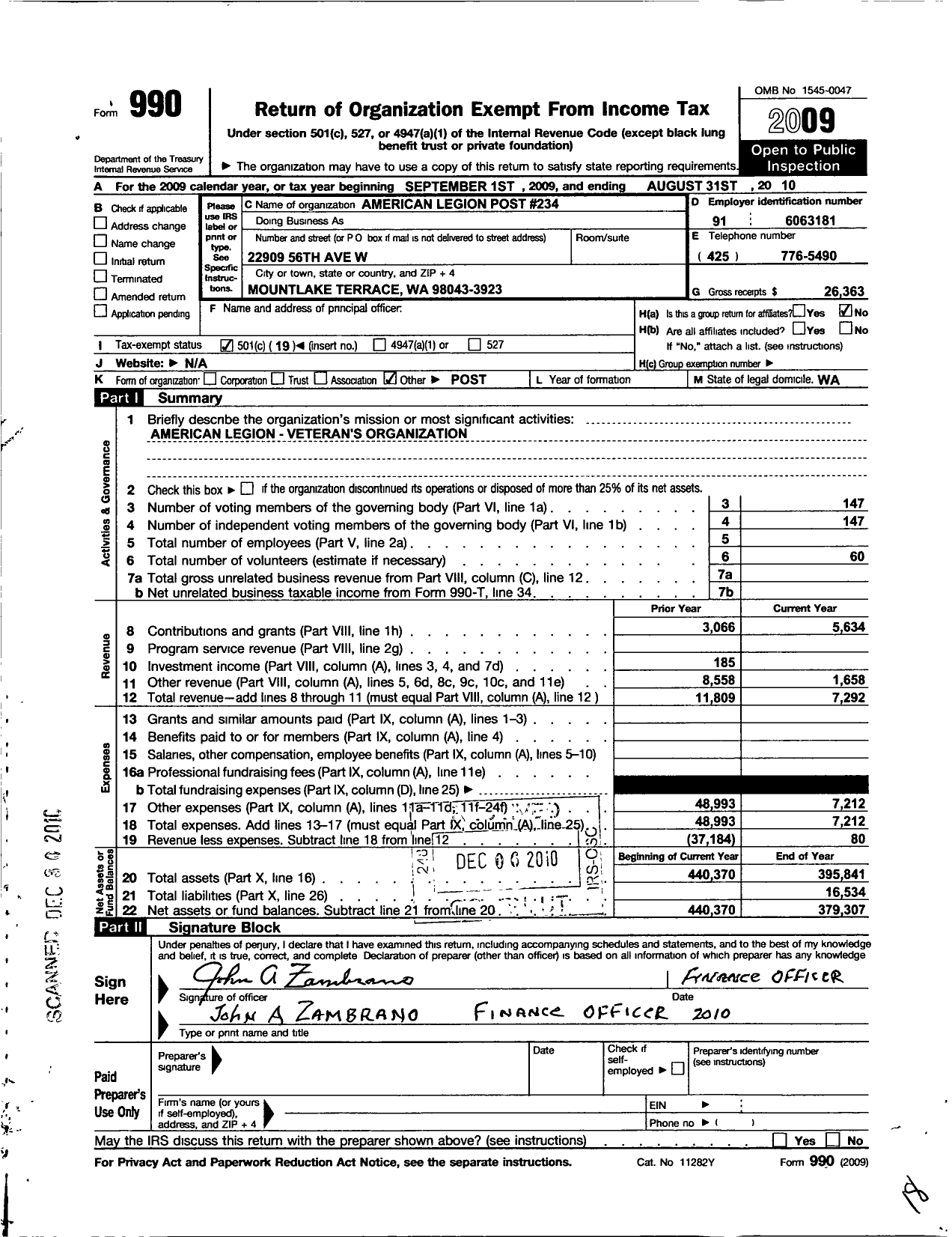 Image of first page of 2009 Form 990O for American Legion Post 234 / Post 234 S Al Wilcox Inc