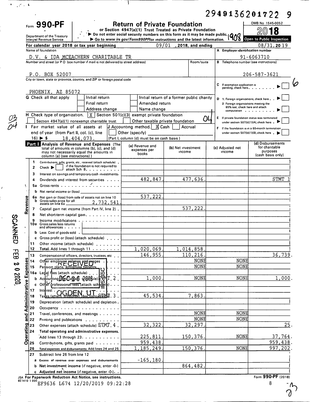 Image of first page of 2018 Form 990PR for DV and Ida Mceachern Charitable Trust
