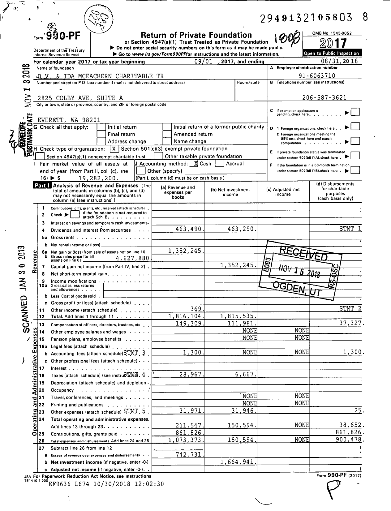 Image of first page of 2017 Form 990PF for DV and Ida Mceachern Charitable Trust