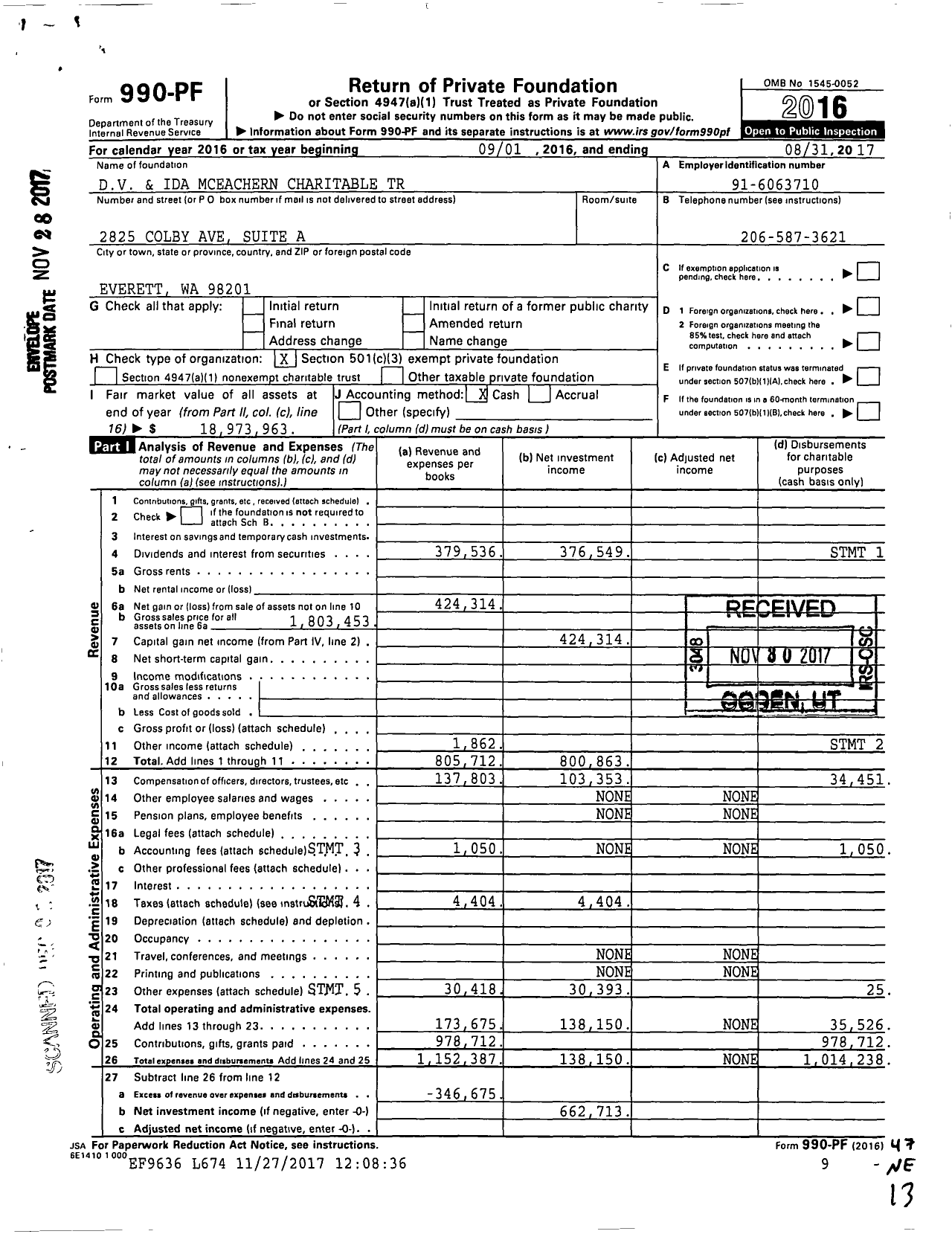 Image of first page of 2016 Form 990PF for DV and Ida Mceachern Charitable Trust
