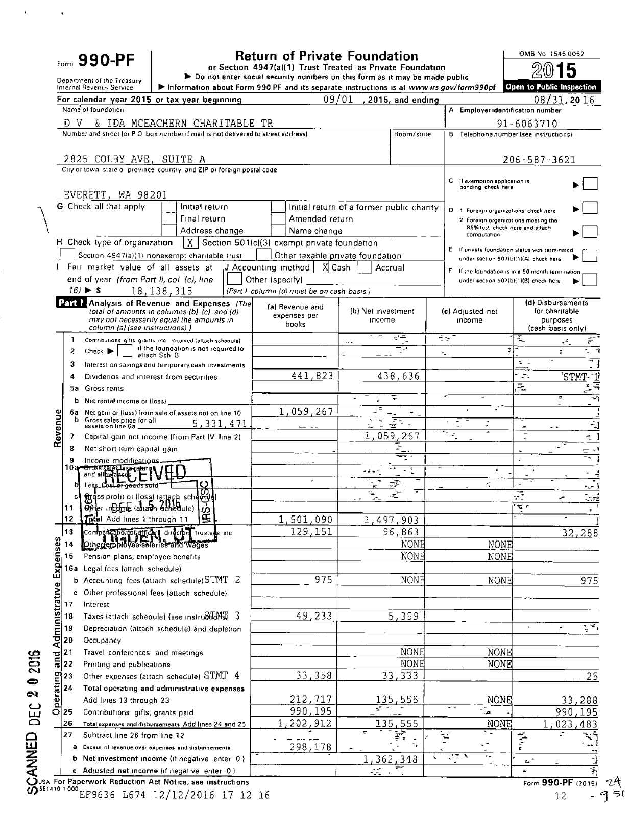 Image of first page of 2015 Form 990PF for DV and Ida Mceachern Charitable Trust
