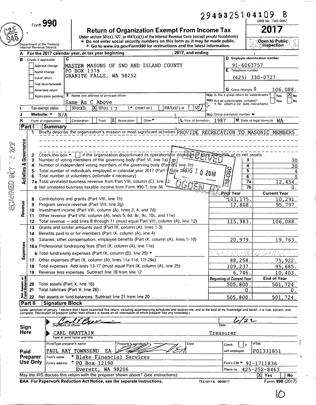 Image of first page of 2017 Form 990O for Master Masons of Sno and Island County