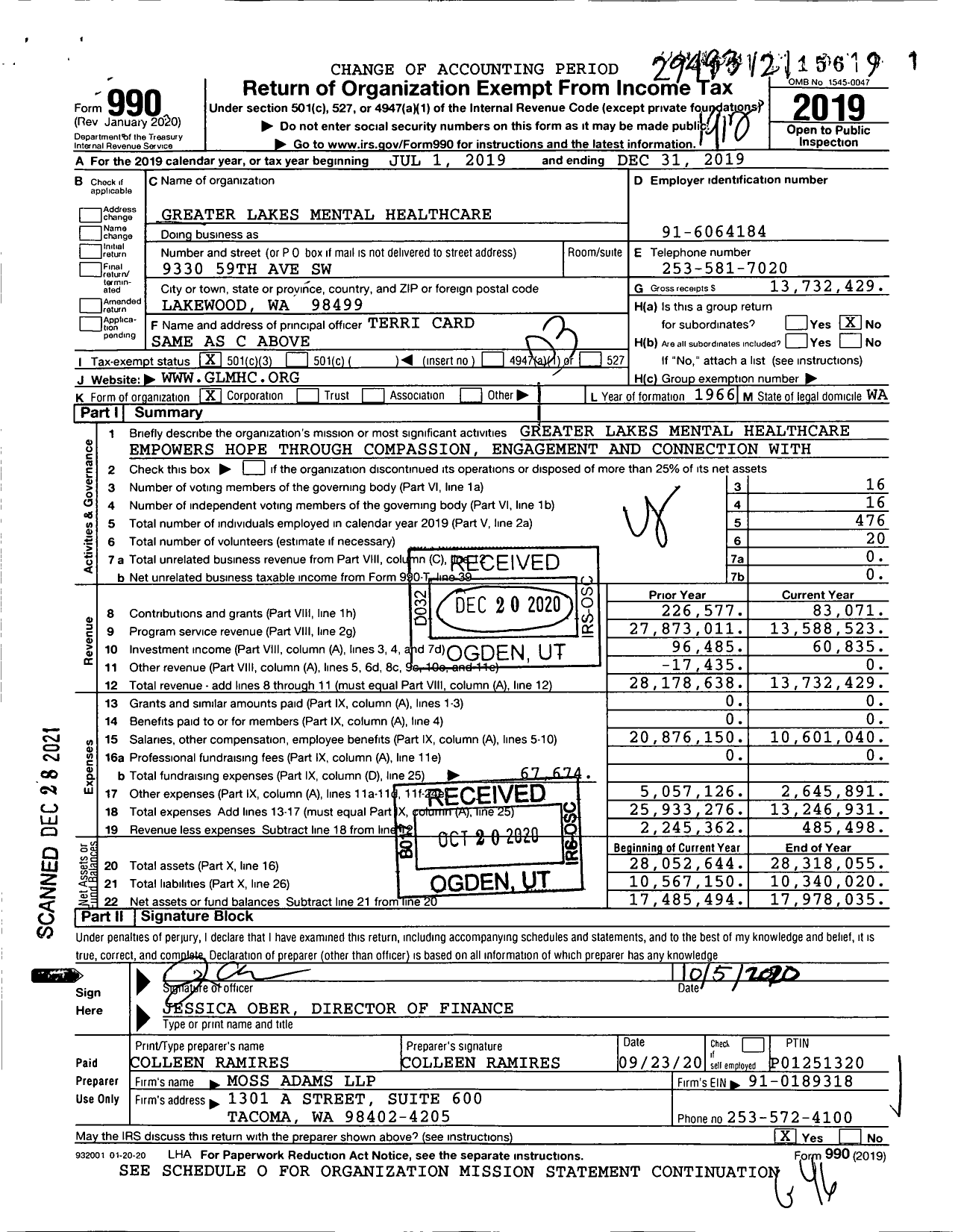 Image of first page of 2019 Form 990 for Greater Lakes Mental Healthcare
