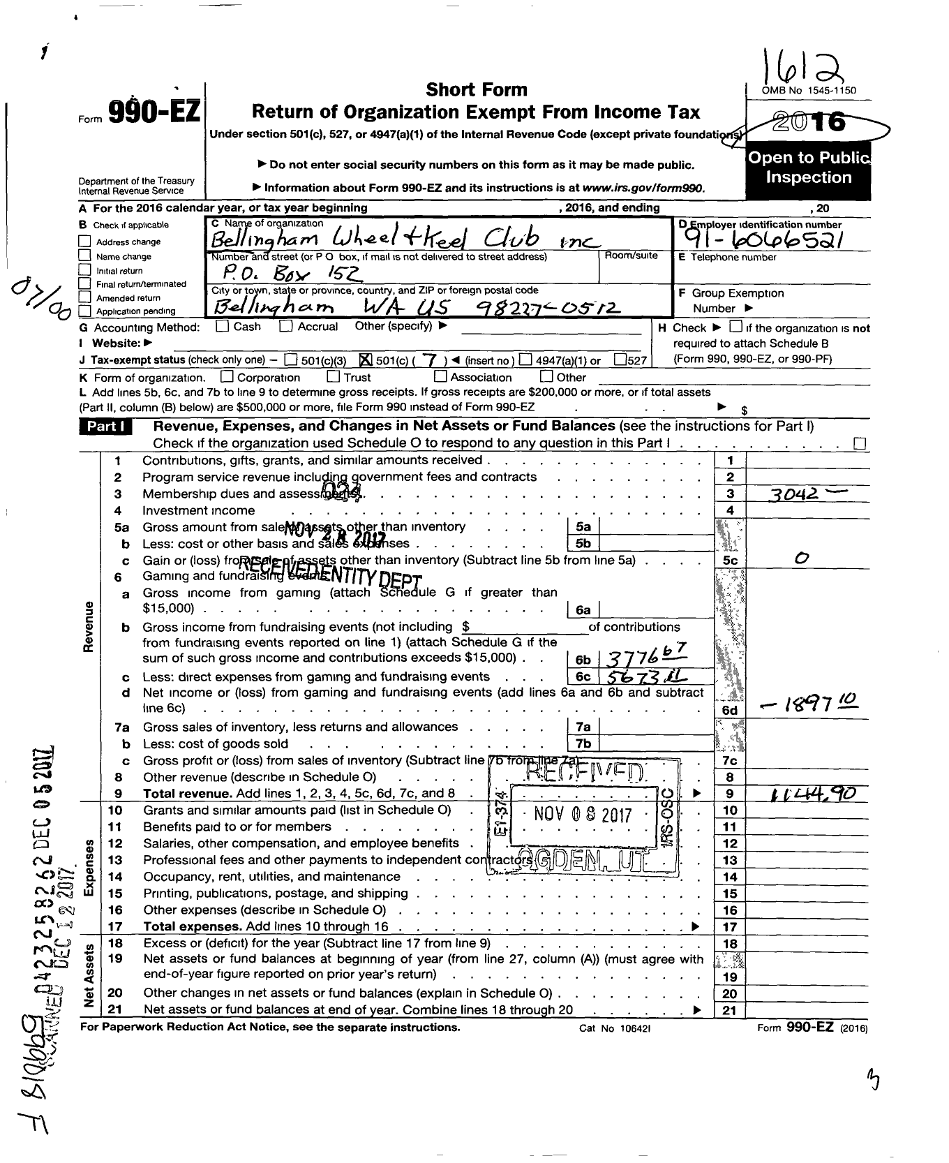 Image of first page of 2016 Form 990EO for Bellingham Wheel and Keel Club