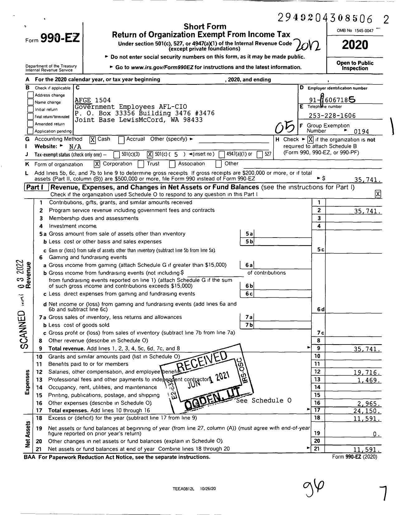 Image of first page of 2020 Form 990EO for American Federation of Government Employees - 1504 Afge Aafes Local