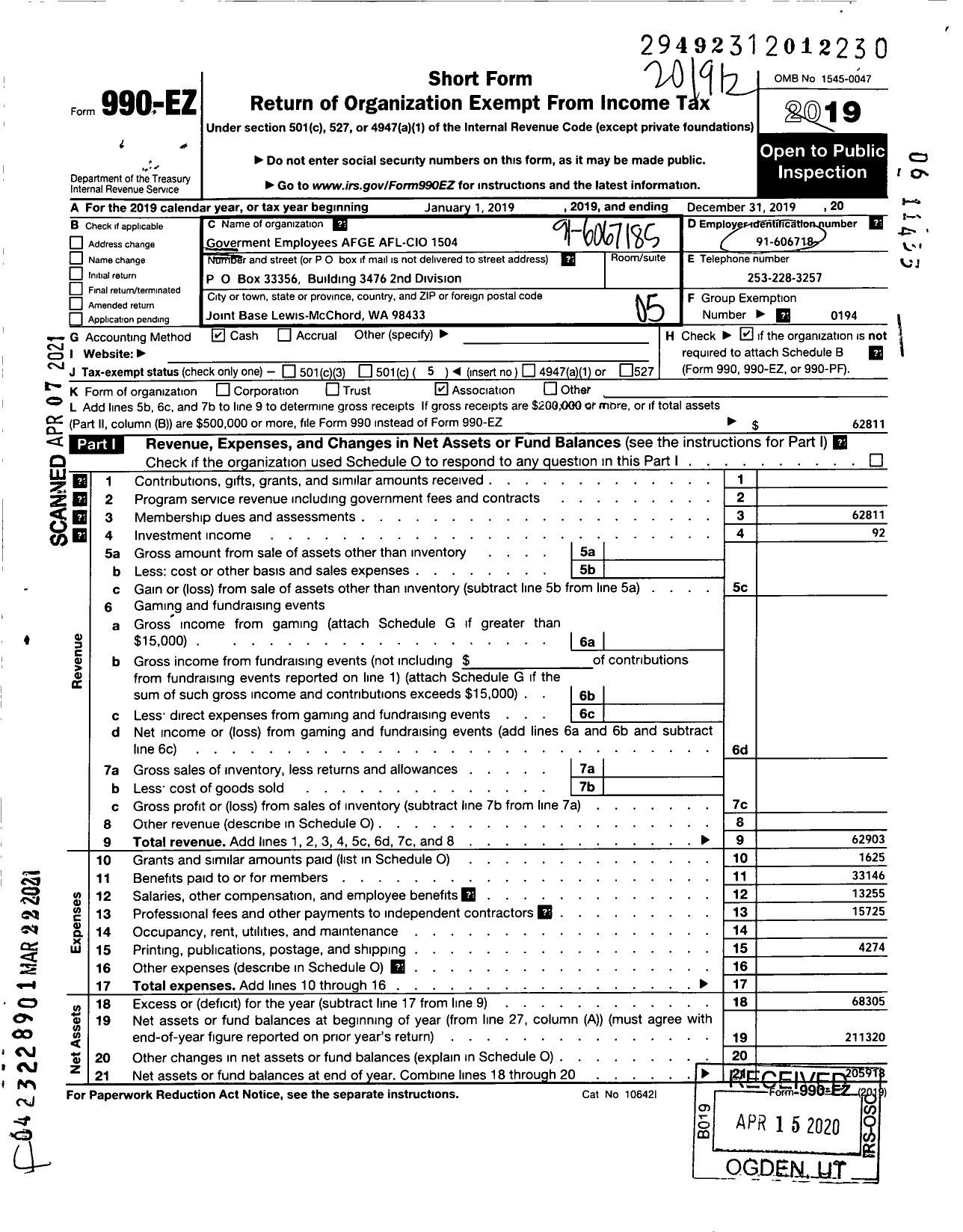 Image of first page of 2019 Form 990EO for American Federation of Government Employees - 1504 Afge Aafes Local