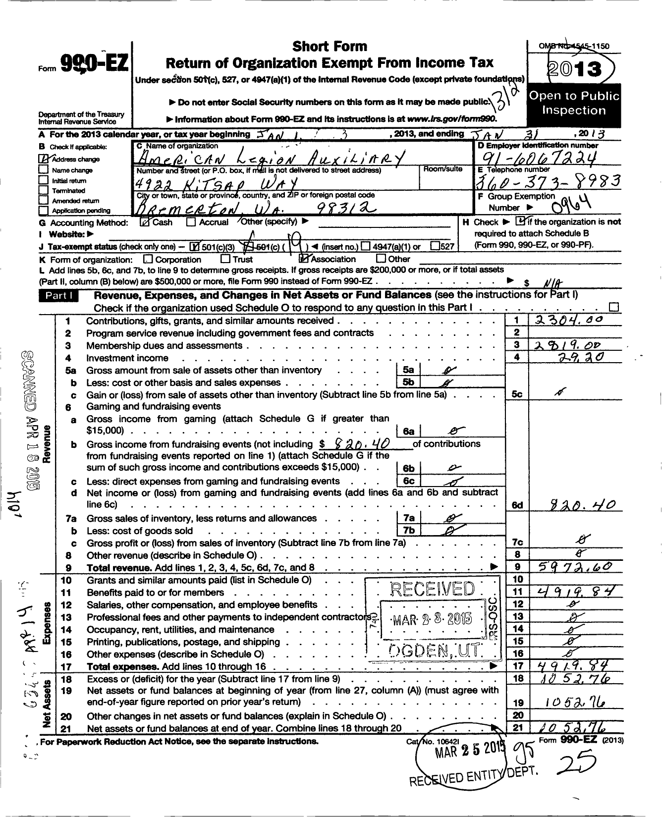 Image of first page of 2013 Form 990EO for American Legion Auxiliary - 149 Albert C Kean